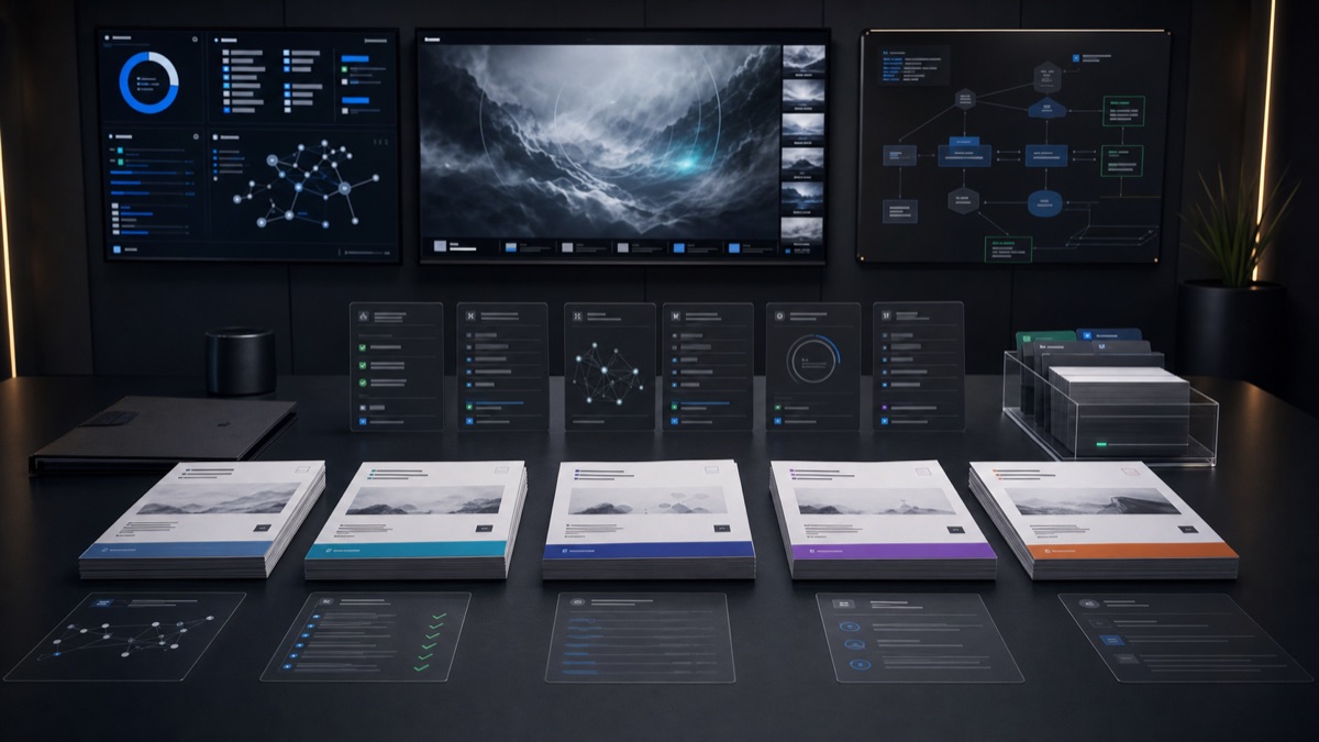 AI-generated White Noise first-meeting packet desk with public artifacts, evidence receipts, member workspace canvas work, source notes, services scope, and routed partner handoff cards