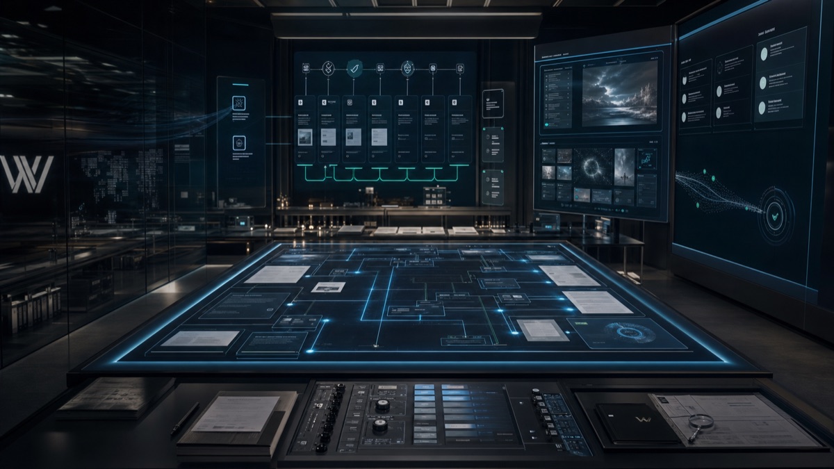 AI-generated White Noise company operating system room with canon, Academy, generated image studio, lab protocol, proof, and handoff surfaces