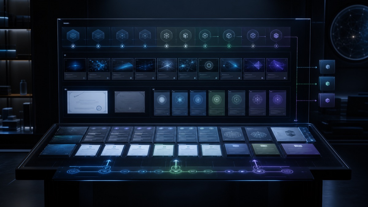 AI-generated White Noise Academy learning operating surface with course paths, checkpoint reviews, certificate cues, and study workflow panels.