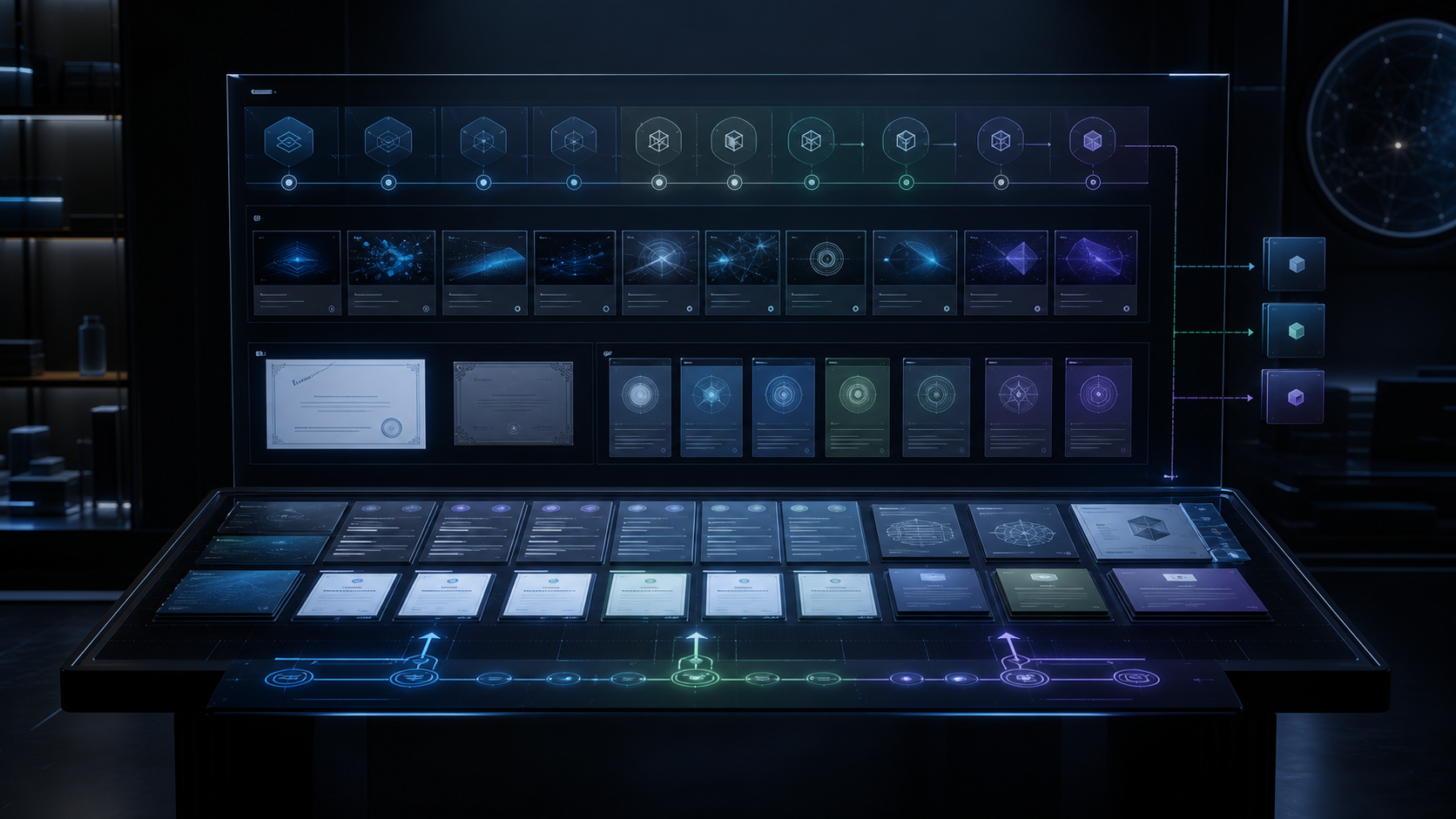 AI-generated White Noise Academy learning operating surface with course paths, checkpoint reviews, certificate cues, and study workflow panels.