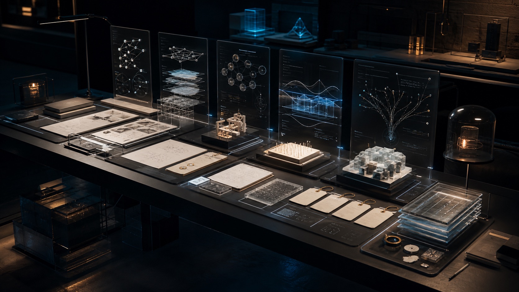 AI-generated White Noise Academy practicum workbench with course maps, rubric cards, certificate boundary receipts, prototypes, and handoff packets under glass studio lighting