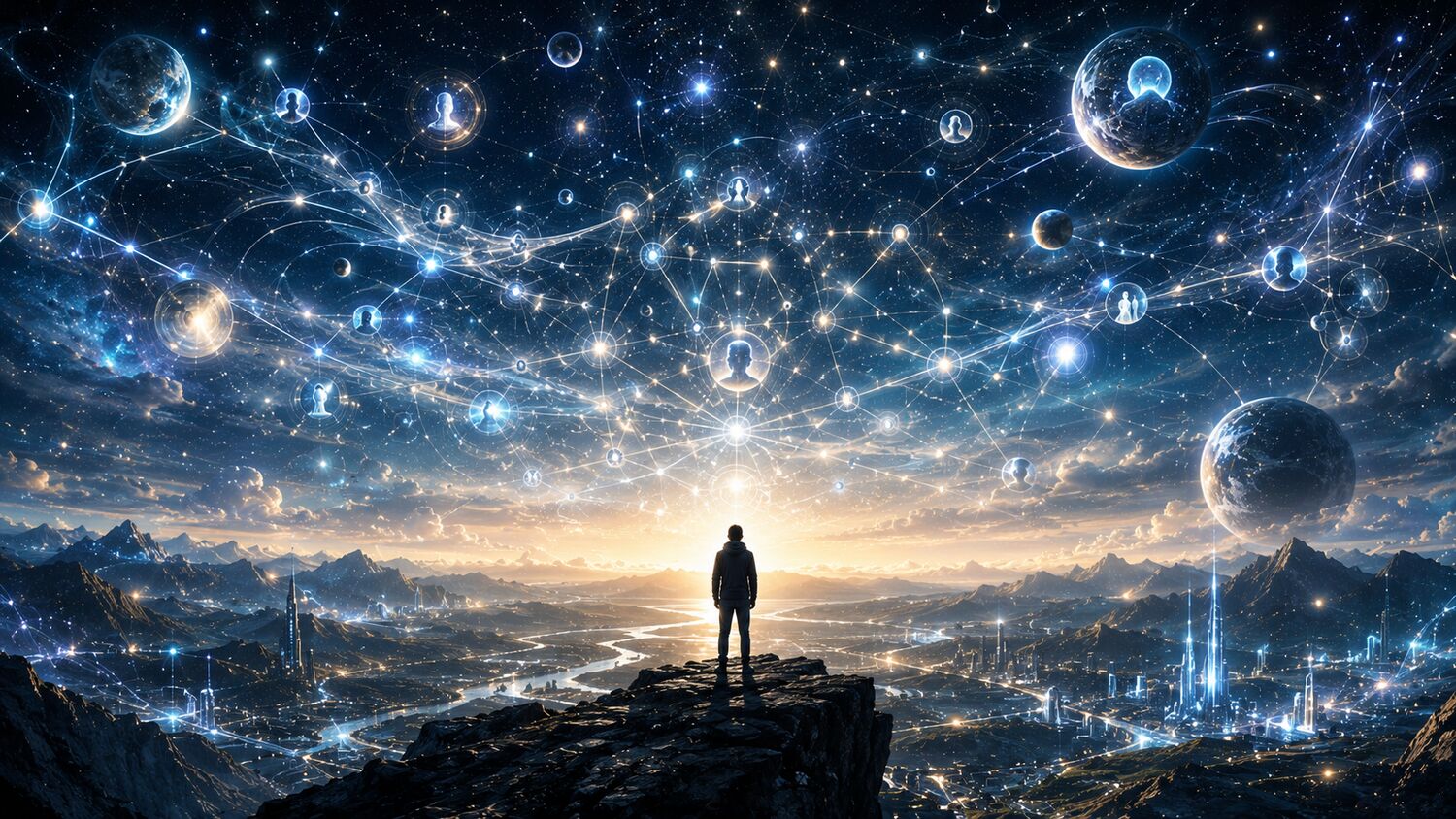 A figure facing a cosmic horizon of entangled worlds