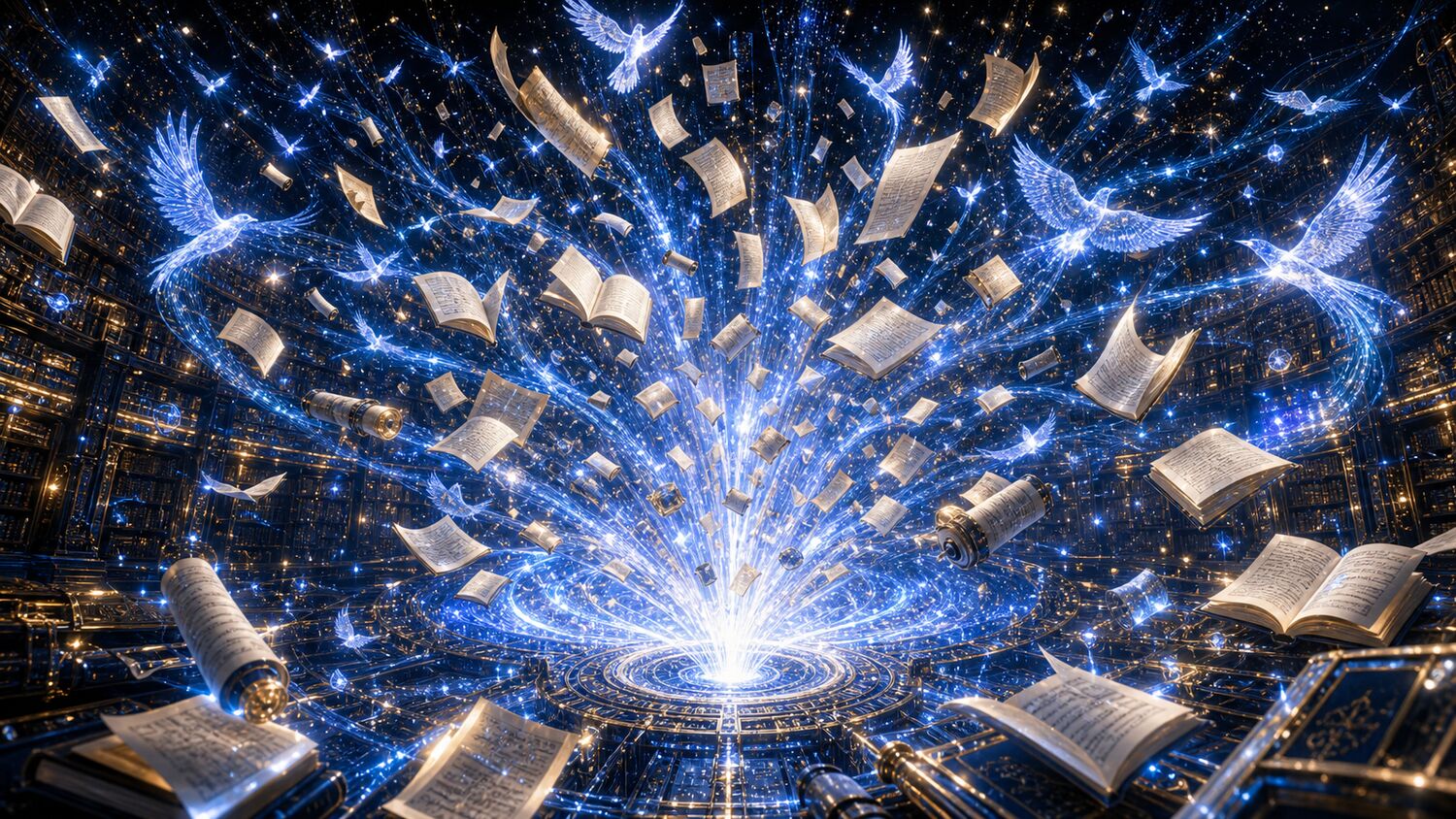 Books and knowledge rising through a cosmic learning chamber