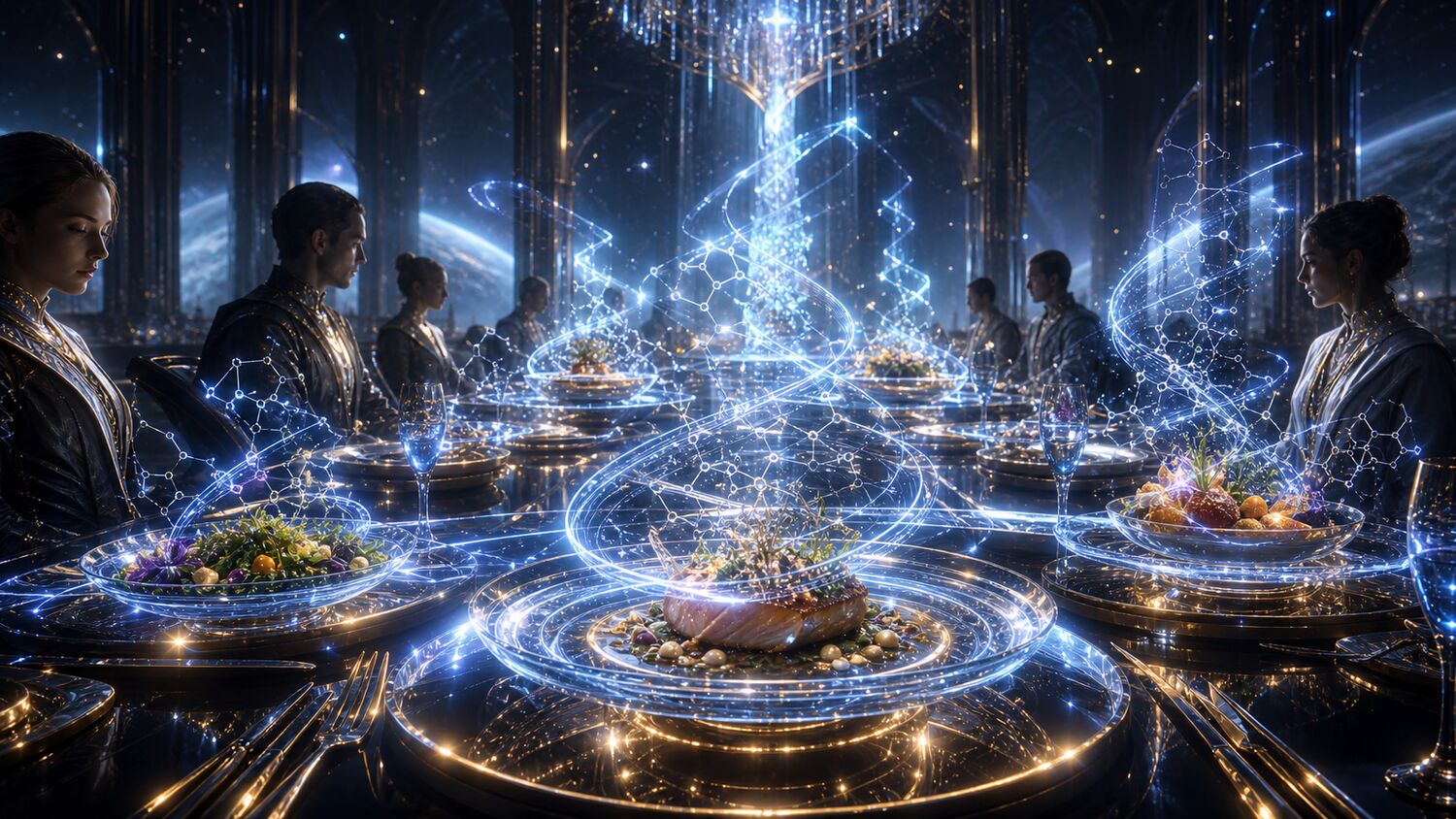 A strategic council table with glowing system maps