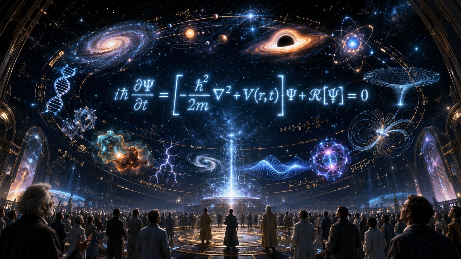 Equations and cosmic diagrams projected over a research chamber