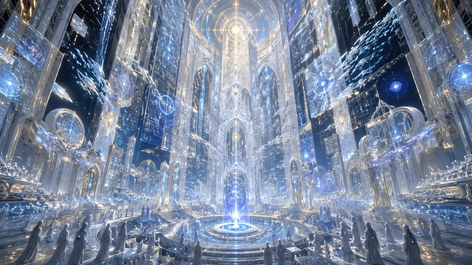 A luminous vertical cosmic city interior