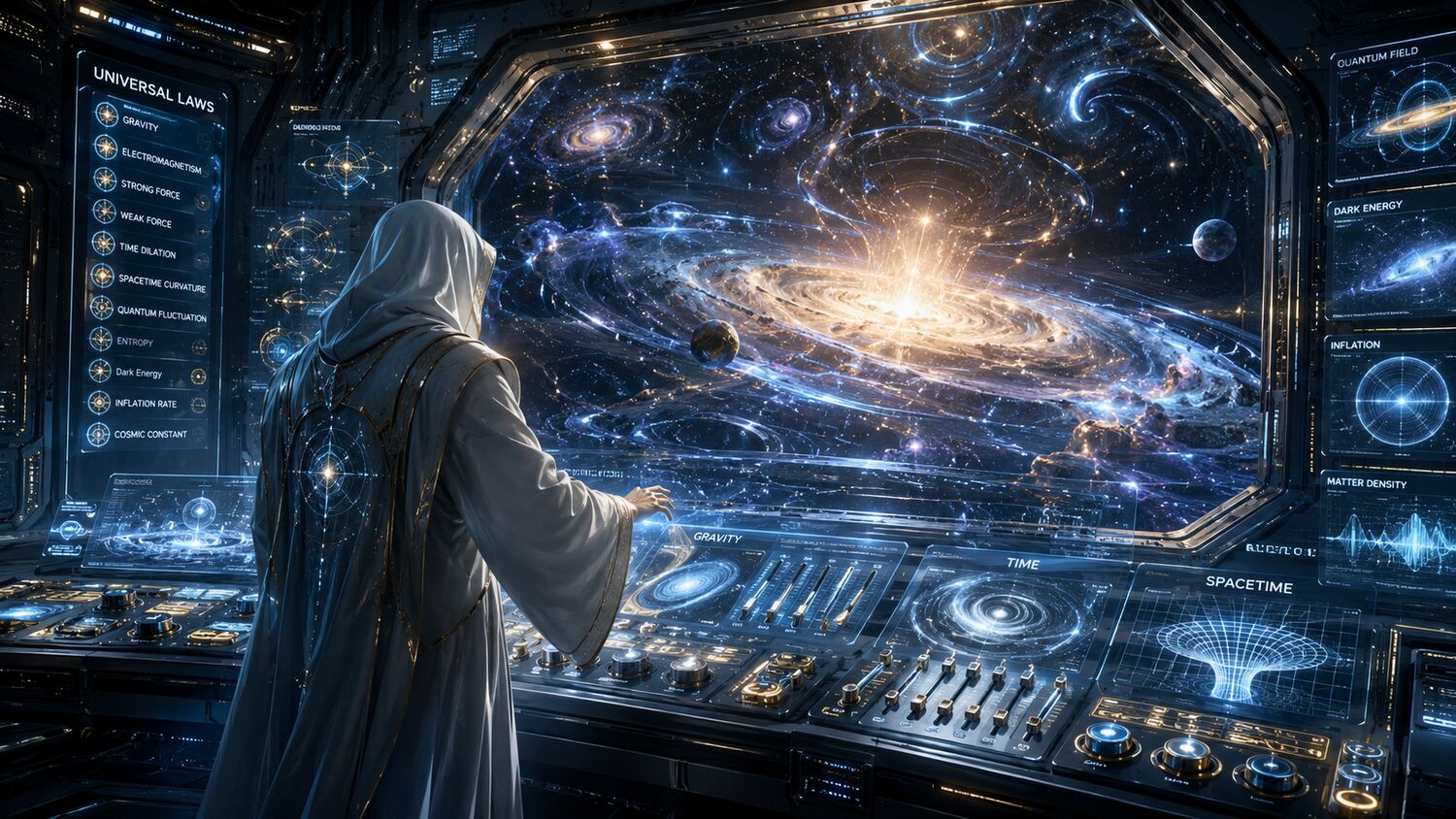A researcher facing a galactic simulation console