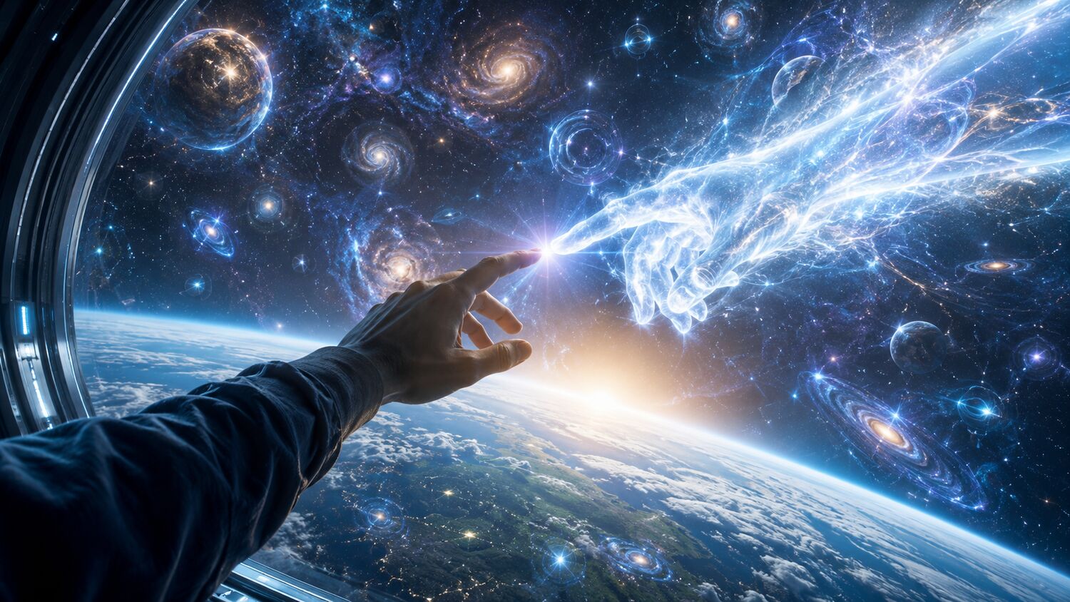 A hand reaching into a cosmic field