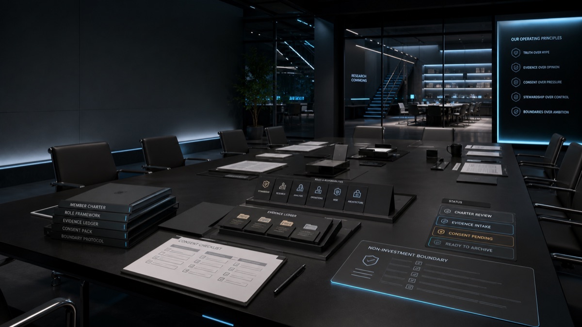AI-generated WN Club charter table with evidence ledgers, consent checklist, status tags, and non-investment boundary panel
