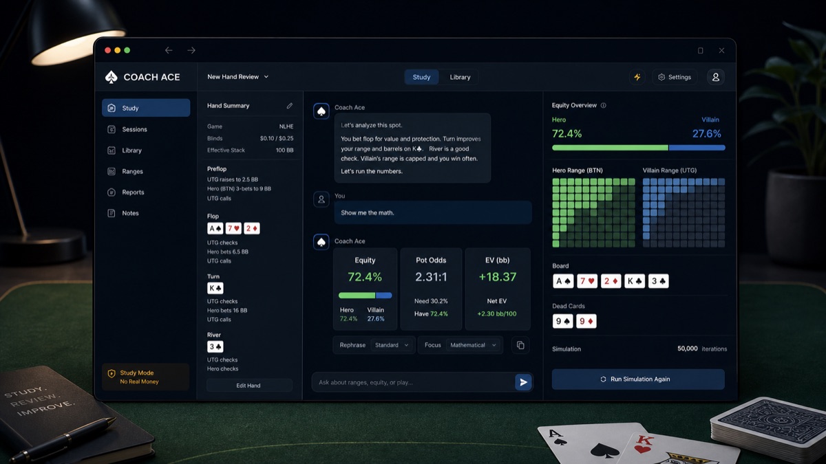 AI-generated Coach Ace poker study workbench with chat coaching, equity overview, pot odds, EV cards, hand summary, and study-mode boundary