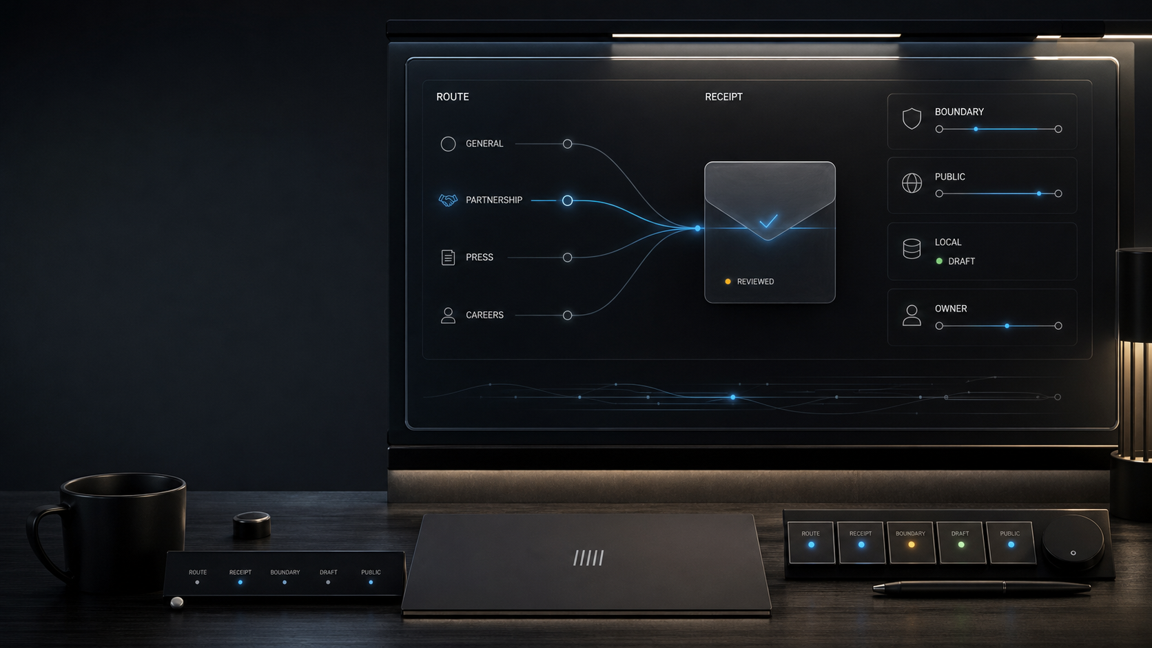 AI-generated White Noise contact route receipt console with route lanes, reviewed packet, public boundary, local draft, and owner handoff panels