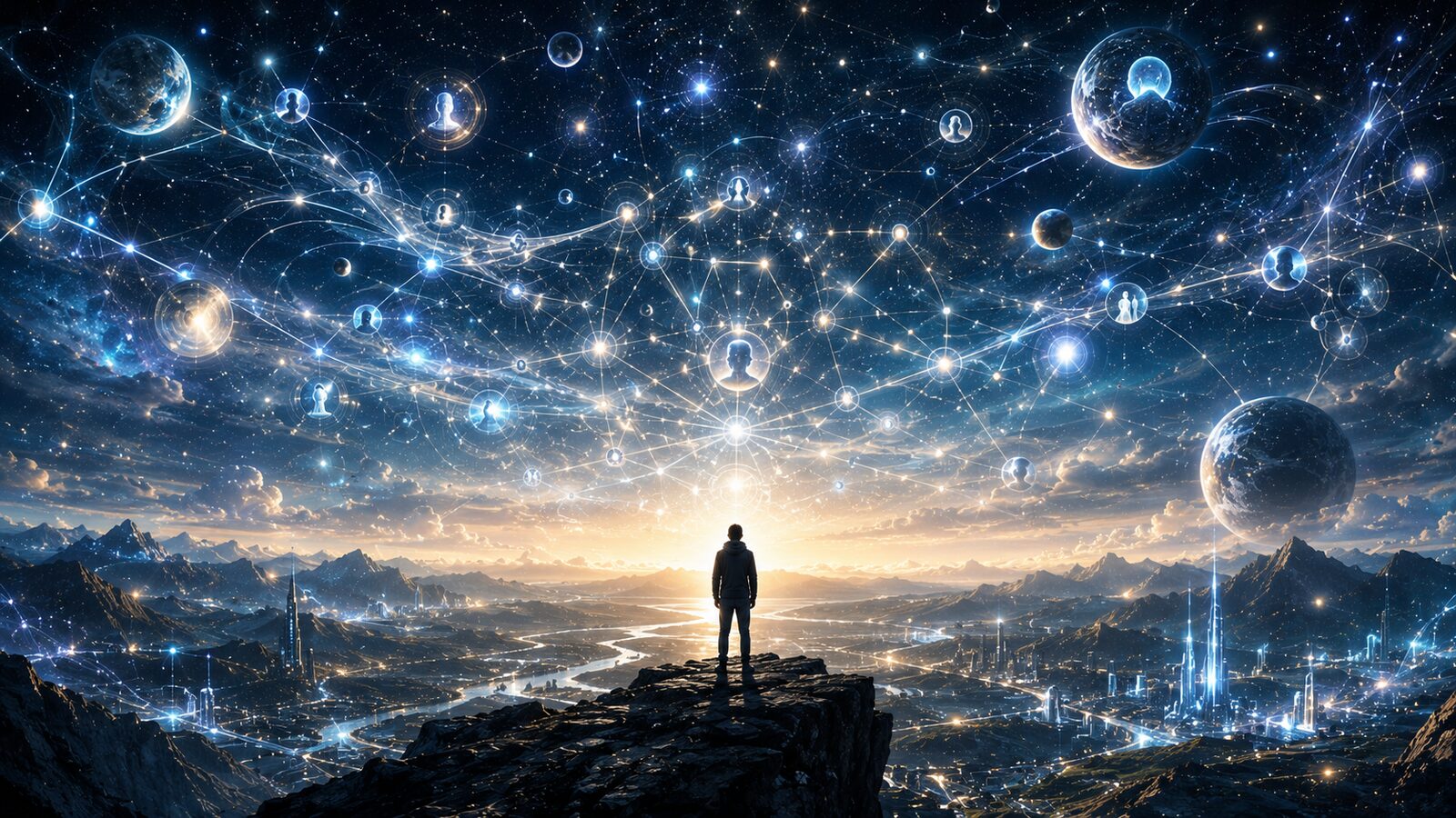 A lone figure standing on a cliff edge before a vast cosmic horizon