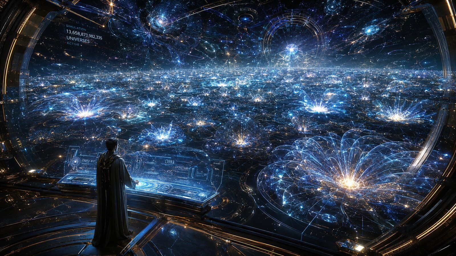 A figure standing in a vast cosmic observatory hall — the reading room of the omniversal archive