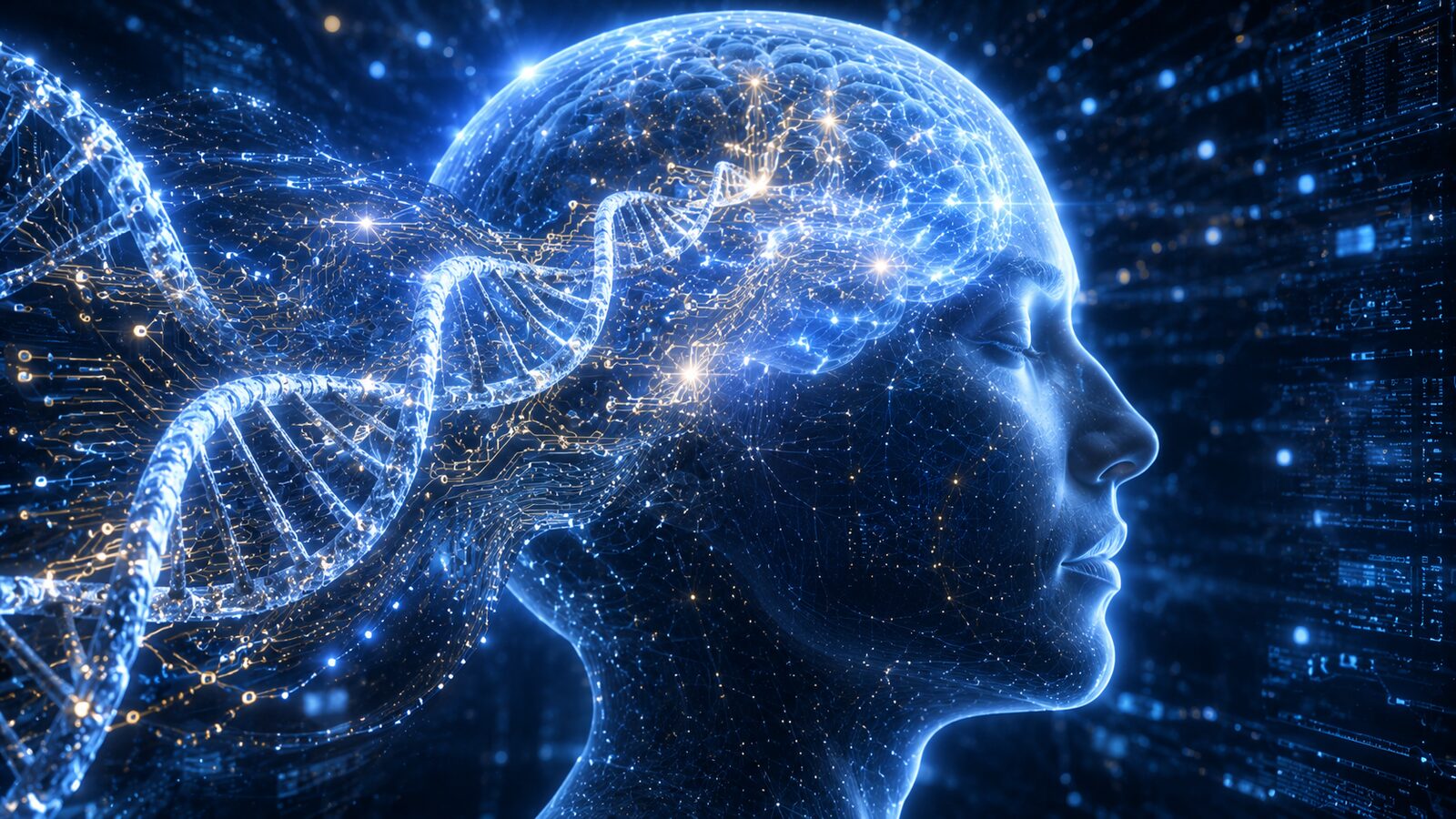 DNA helix merging with a human profile — the neurogenomic operation