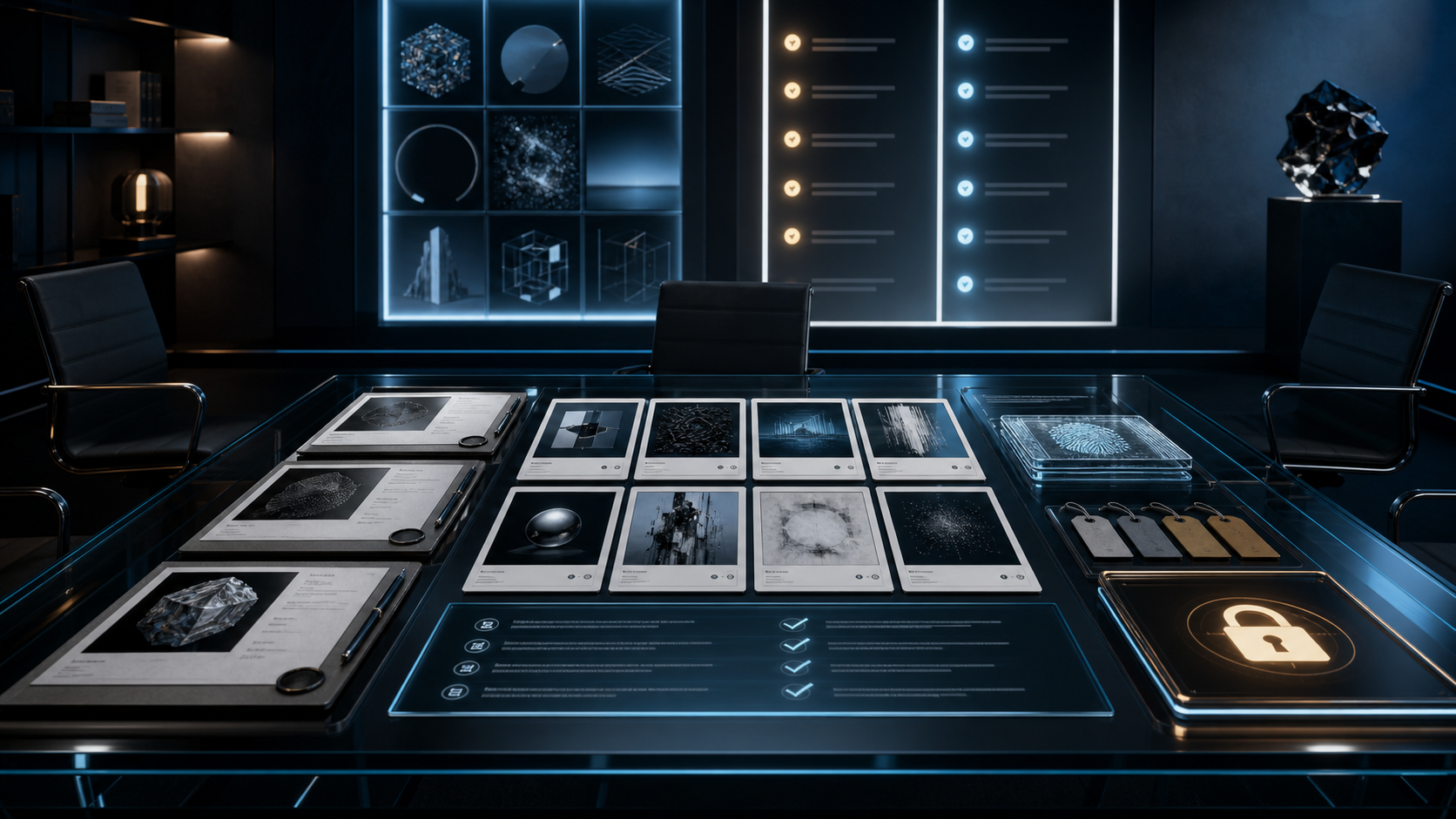 AI-generated White Noise Exchange provenance readiness room with preview assets, review gates, rights panels, and blocked market-operation controls