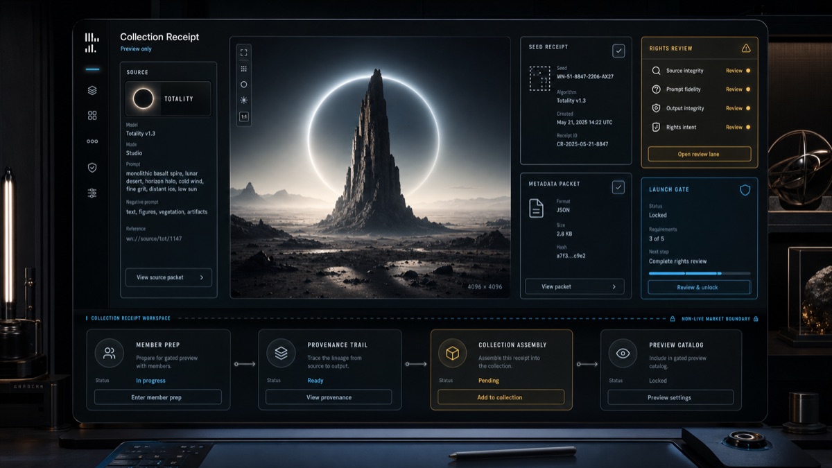 AI-generated W.N. Exchange collection receipt workspace with launch gate and rights review panels