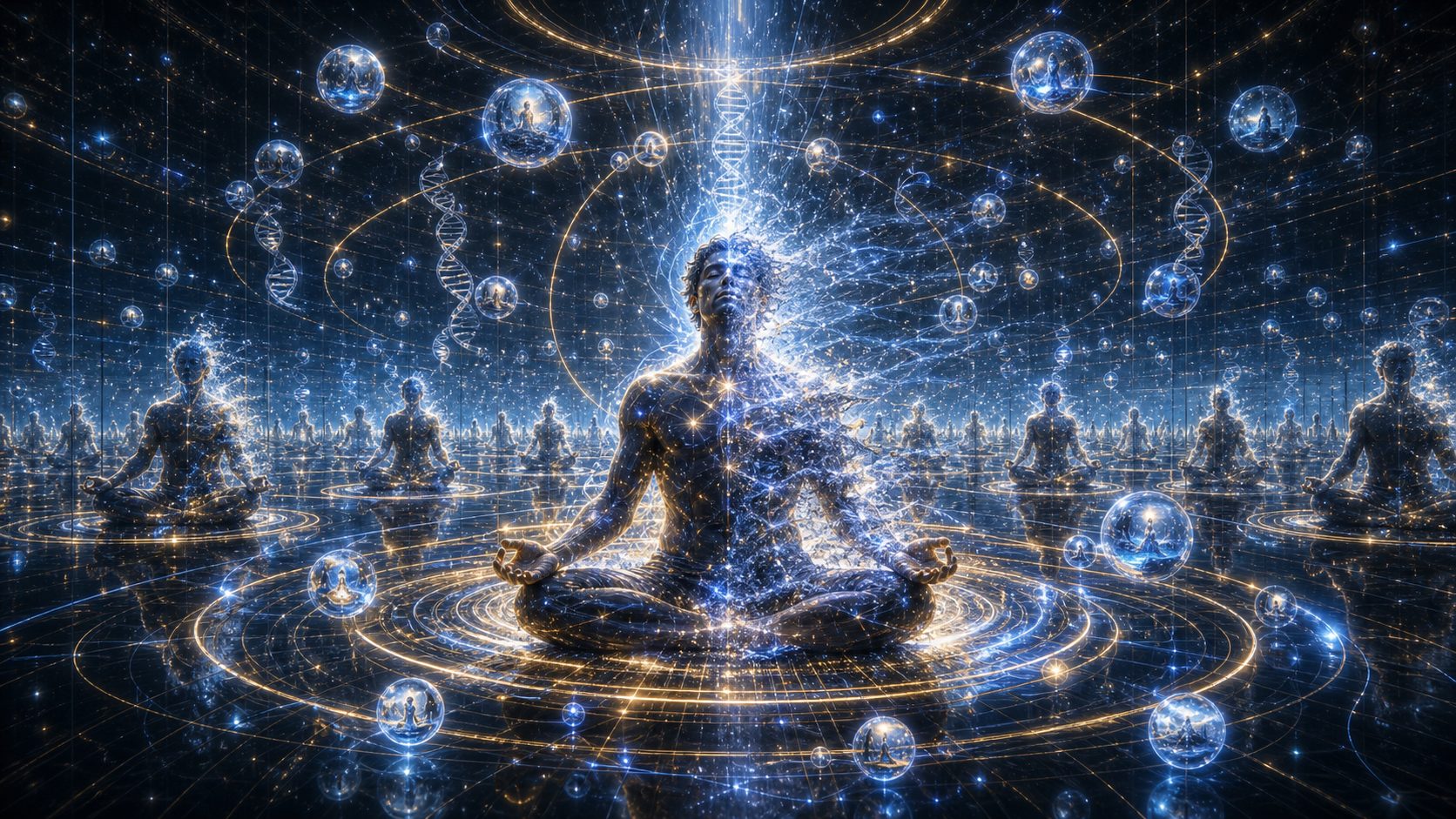 A glowing brain held within a quantum machine — consciousness as informational architecture