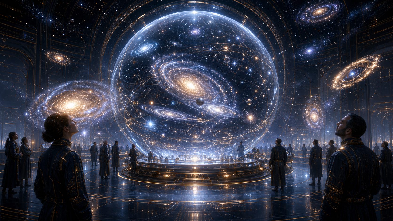 A luminous cosmic city with spaceships moving between its towers
