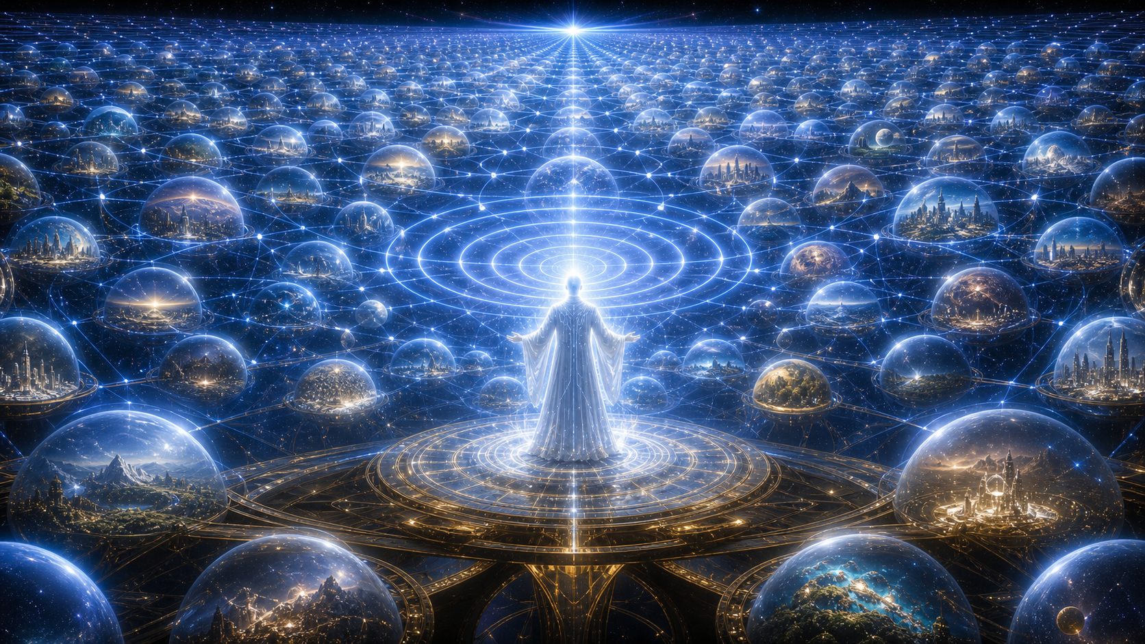 A figure standing in a vast observatory hall, looking out at the cosmos