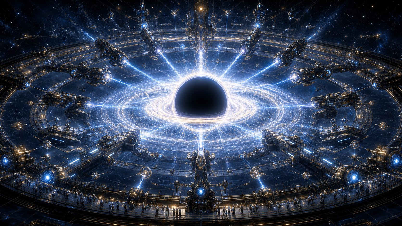 A lone figure in a vast cosmic observatory hall, gazing into deep space