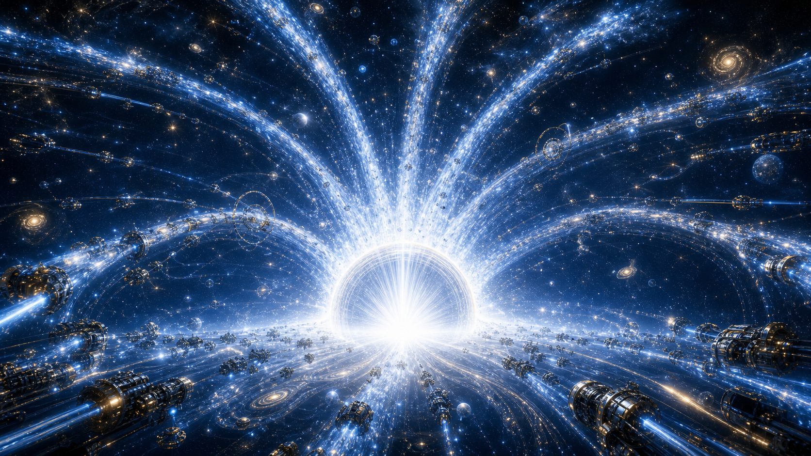 A person standing on a cliff before a vast cosmic horizon