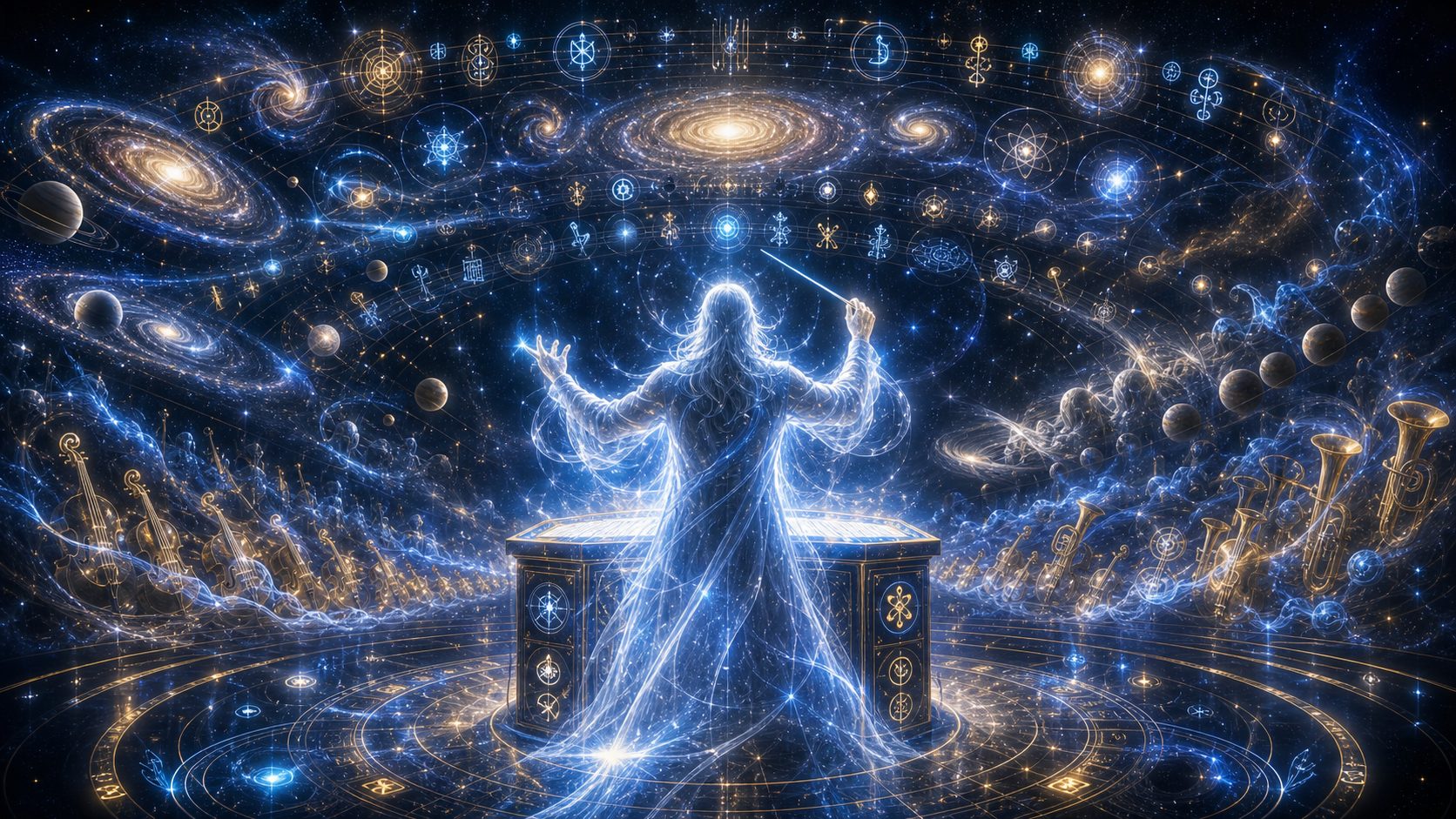 A thinker at a desk in a study, pages flying through the air around him