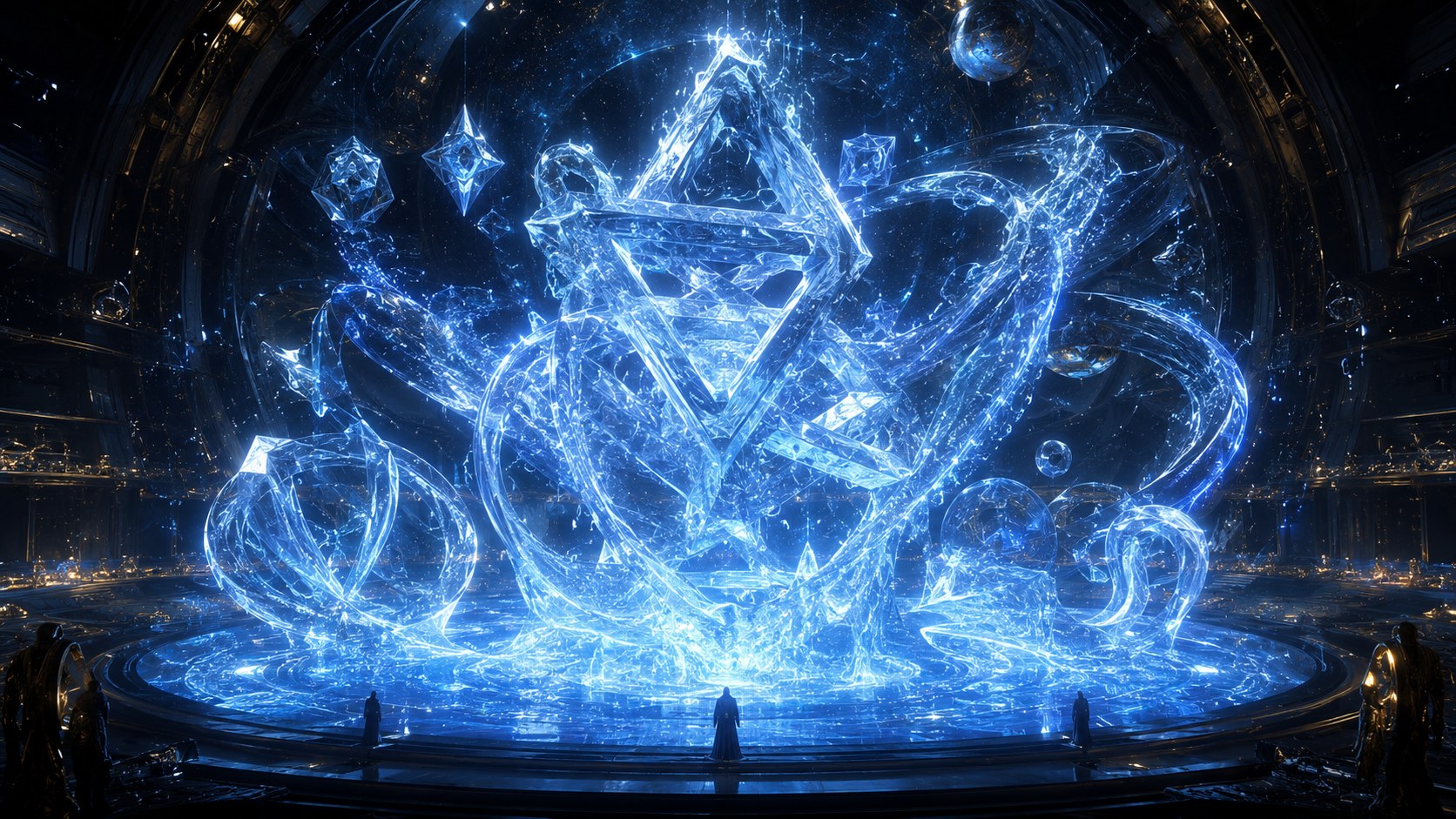 A figure on a cliff facing a cosmic horizon of entangled worlds