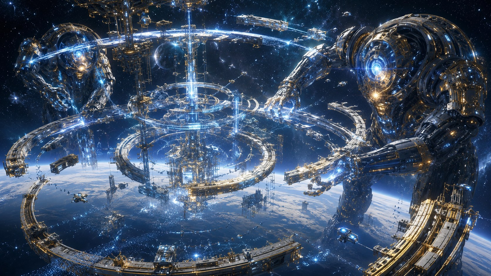 An OSTSS settlement seen from above — concentric habitat rings of a self-assembled space city