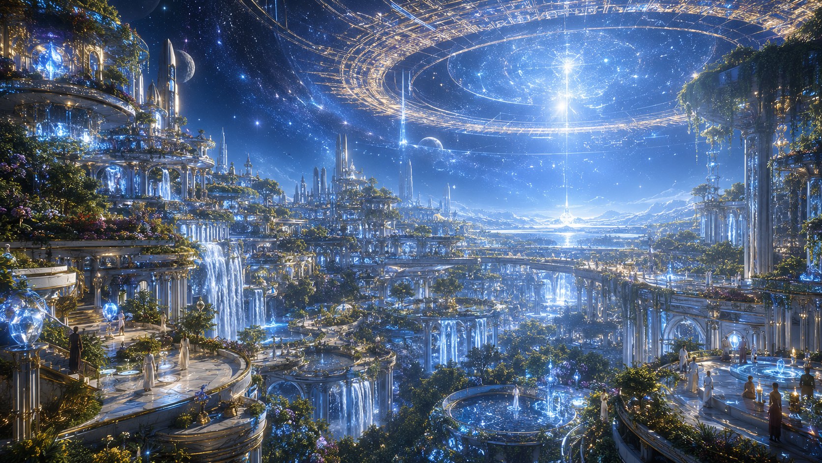 A figure standing on a cliff before a cosmic horizon — the view toward an engineered civilization