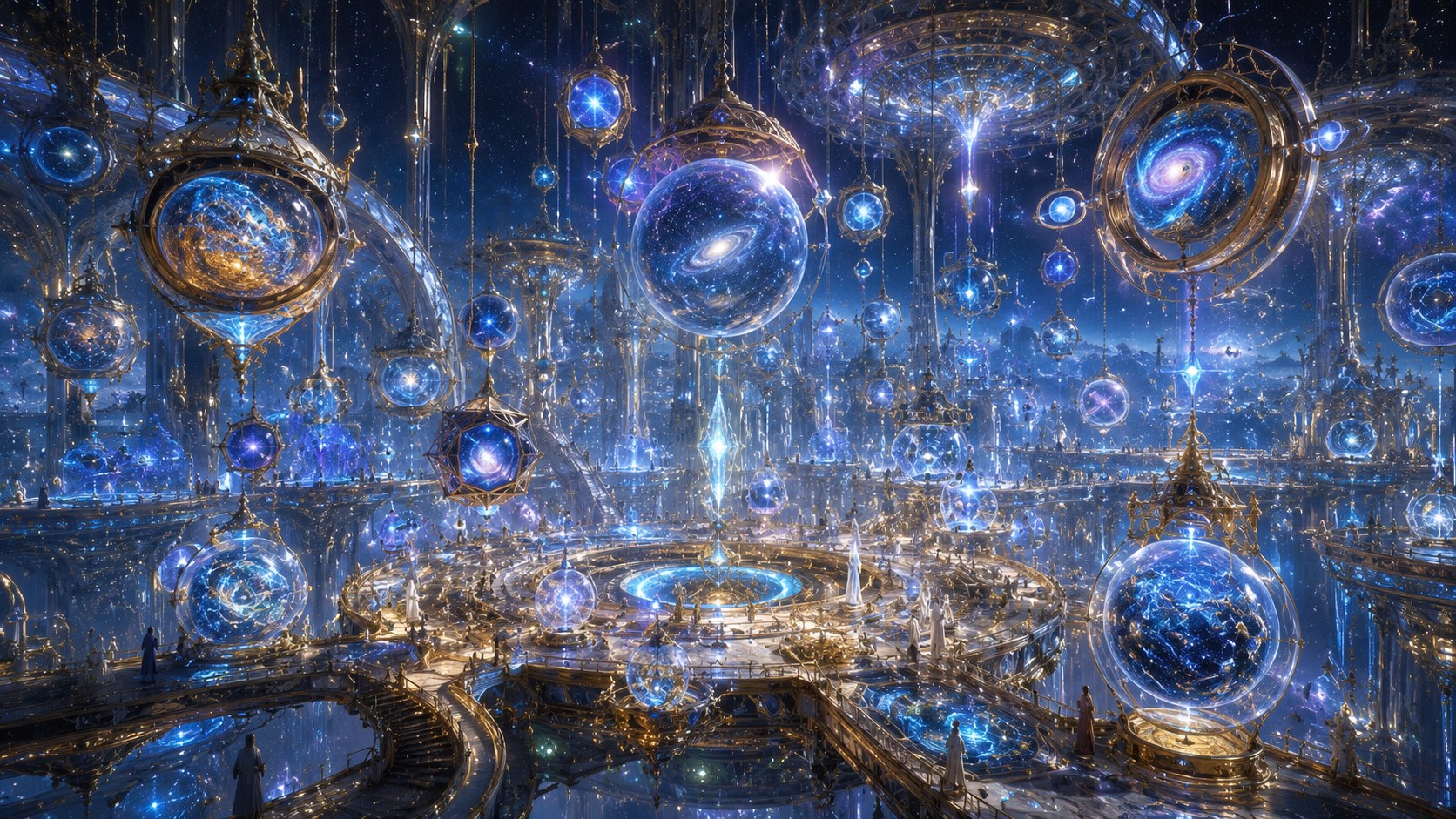 A cosmic city beneath engineered skies — a settlement inside a designed universe