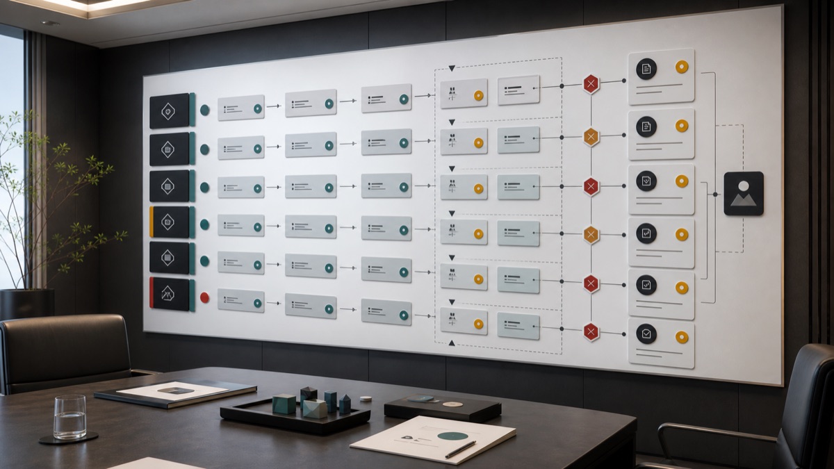 AI-generated White Noise accountability map board with abstract review lanes, owner-state chips, evidence receipts, escalation gates, and blocked-claim markers