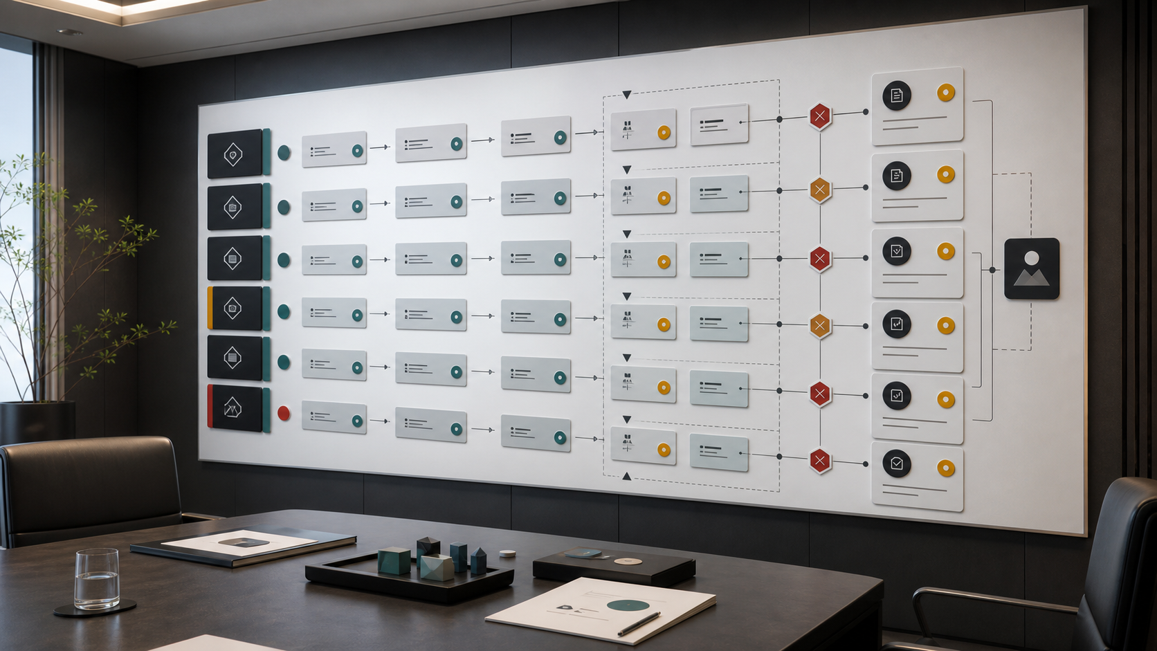 AI-generated White Noise accountability map board with abstract review lanes, owner-state chips, evidence receipts, escalation gates, and blocked-claim markers