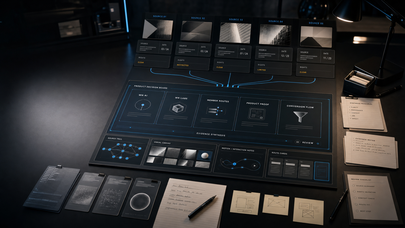 AI-generated White Noise benchmark synthesis desk with abstract source, rights, canvas, review, and route panels converging into a product decision board