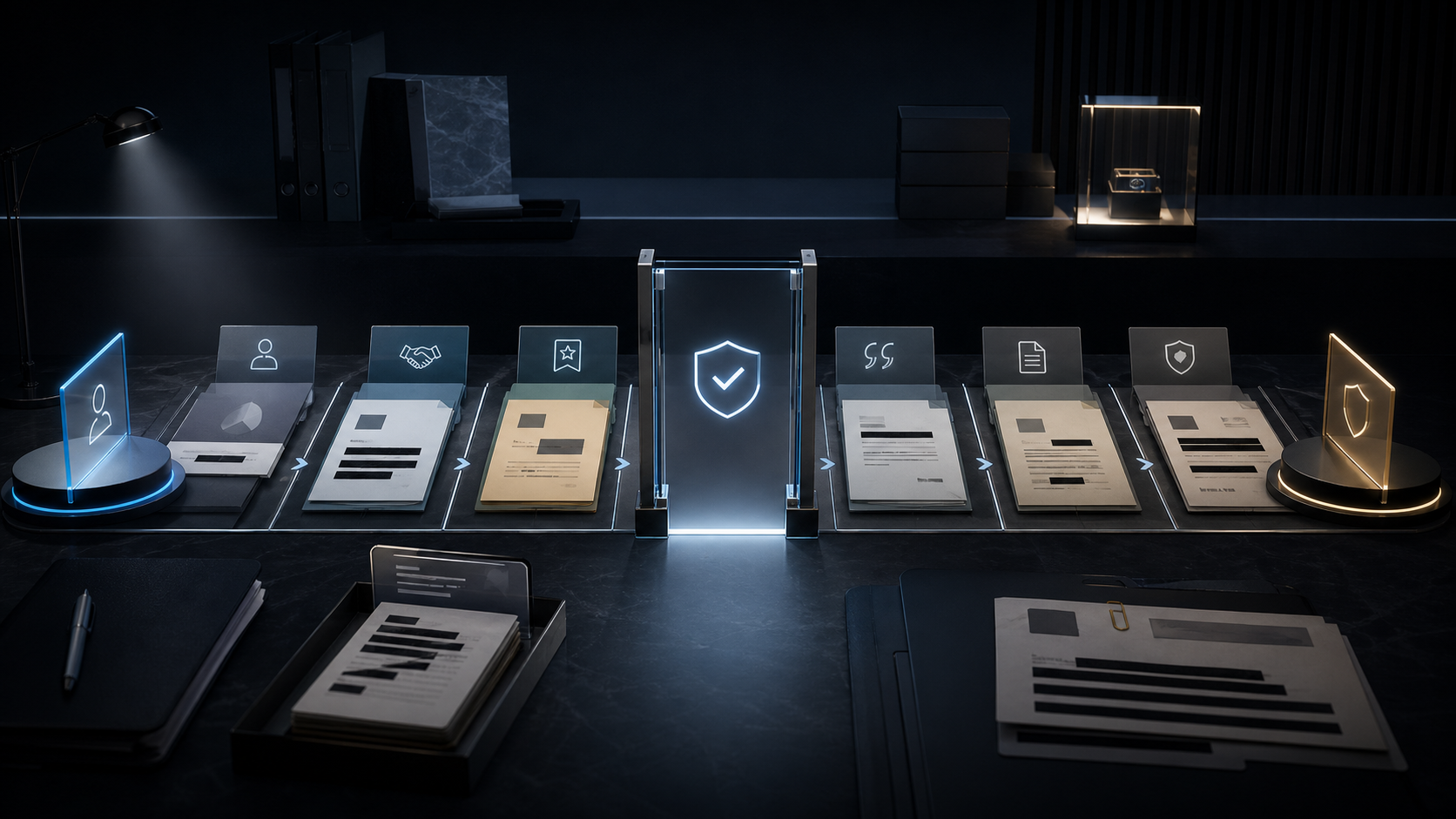 AI-generated White Noise customer evidence permission source-record gate with abstract consent cards, redaction bands, approved-channel lanes, owner review markers, and publication gates