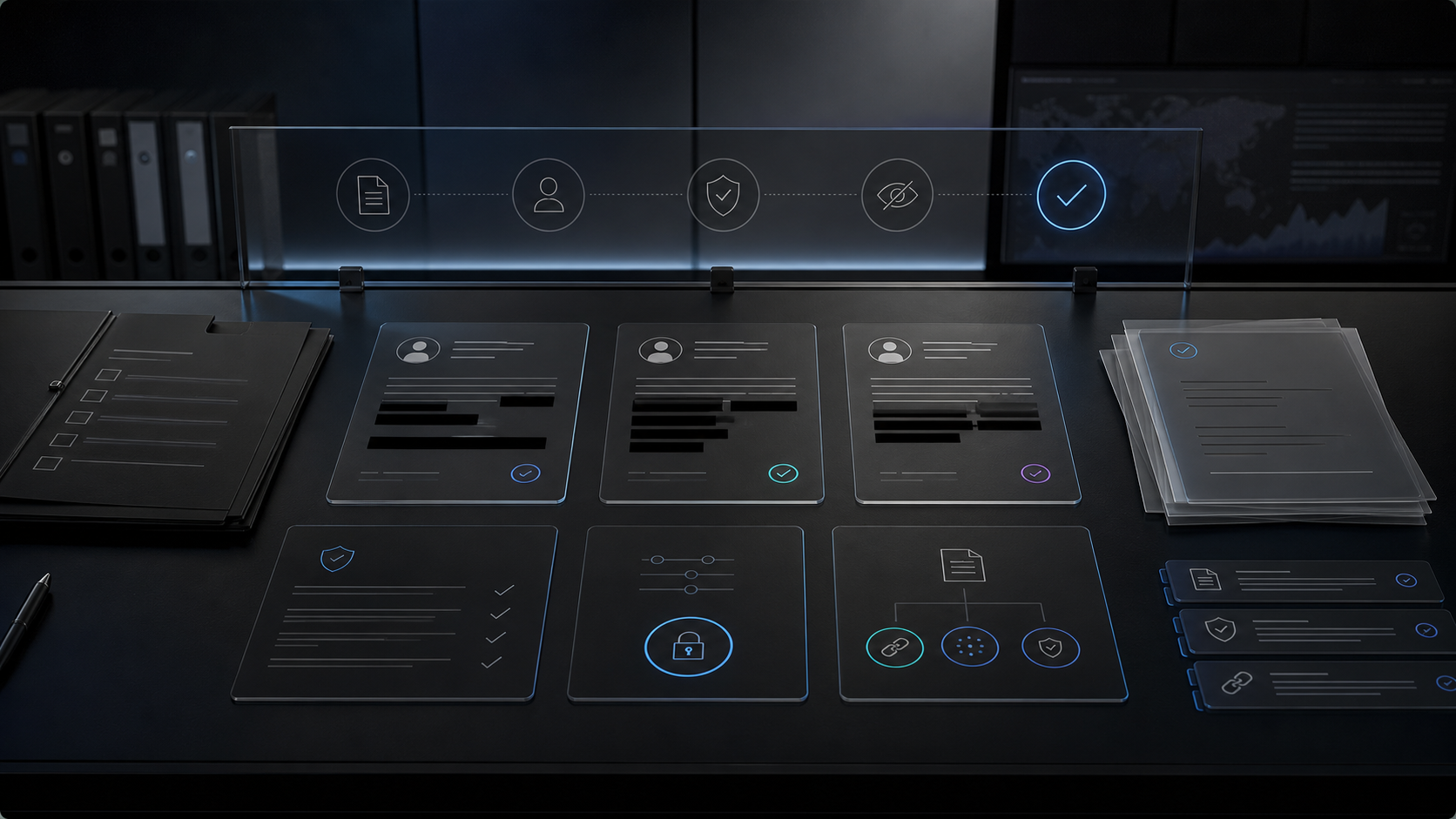 AI-generated White Noise customer-evidence permission review desk with anonymized case cards, consent gates, redaction bands, source receipts, and publication-status controls