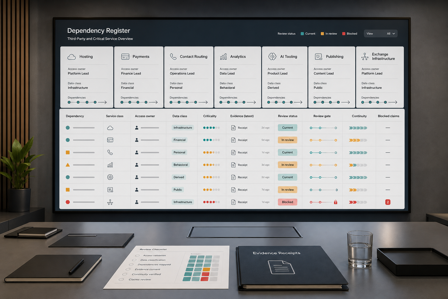 AI-generated White Noise dependency register review surface with hosting, payments, contact routing, analytics, AI tooling, publishing, Exchange infrastructure cards, evidence receipts, review gates, and blocked-claim markers