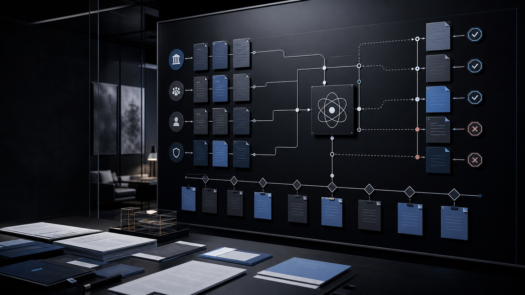 AI-generated White Noise diligence question map board with abstract question lanes, artifact cards, approval markers, and blocked-claim gates
