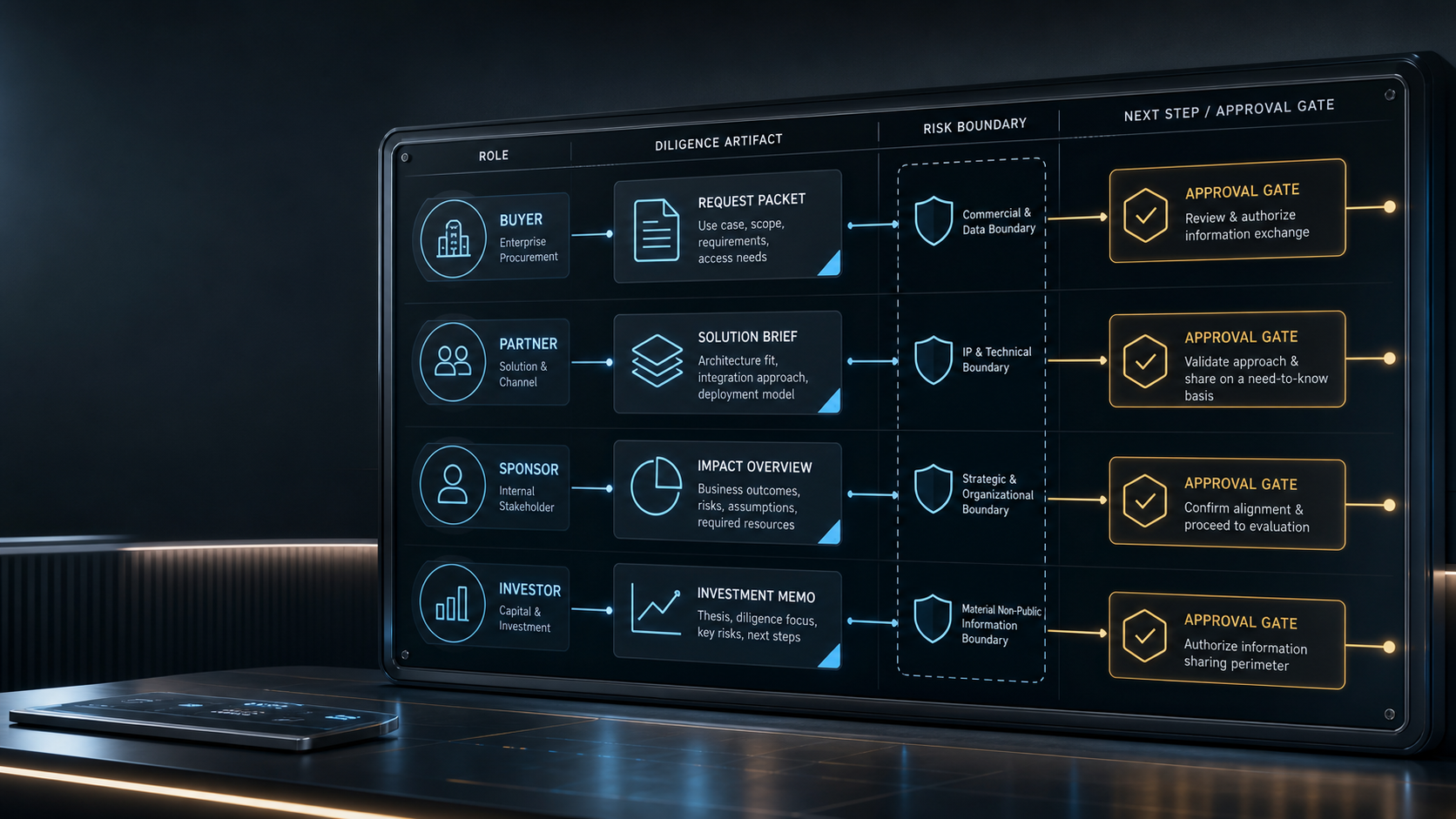 AI-generated White Noise diligence request routing board with buyer, partner, sponsor, and investor lanes leading to bounded artifact and risk-boundary gates