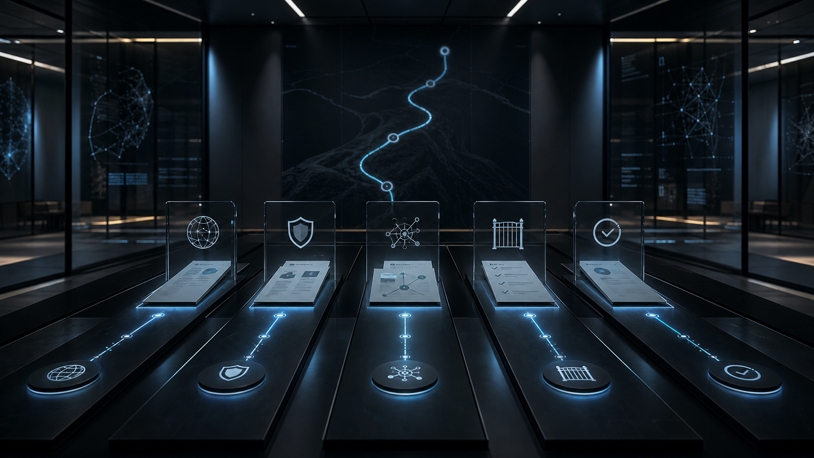 AI-generated White Noise enterprise procurement boundary room with five abstract evidence lanes, source-record gates, security and dependency panels, and a first-procurement-ask route