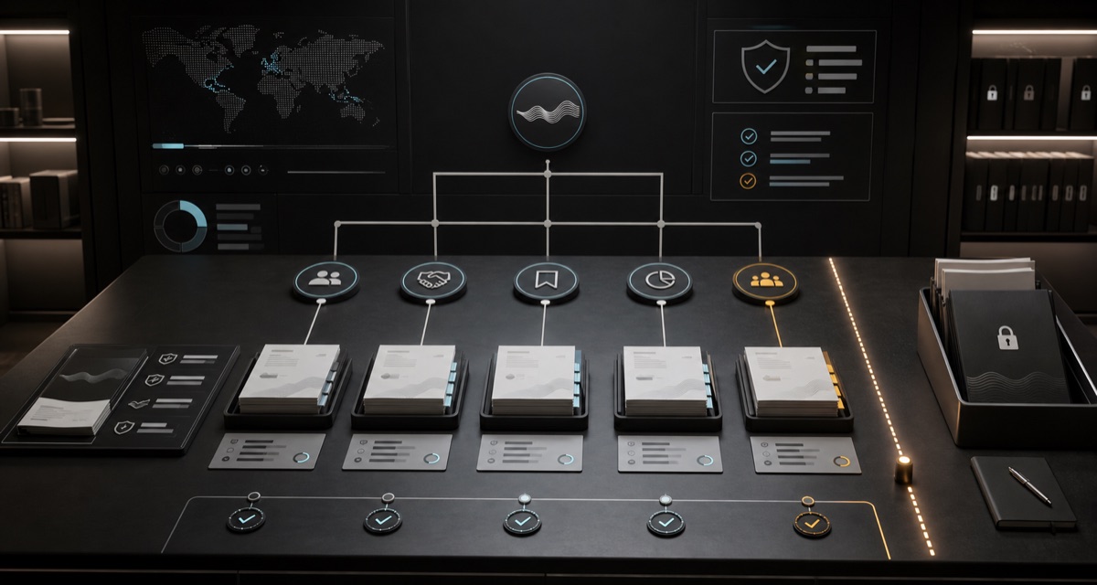 AI-generated White Noise enterprise starter route board with public artifact lanes, evidence receipts, review markers, and a separated private diligence file stack