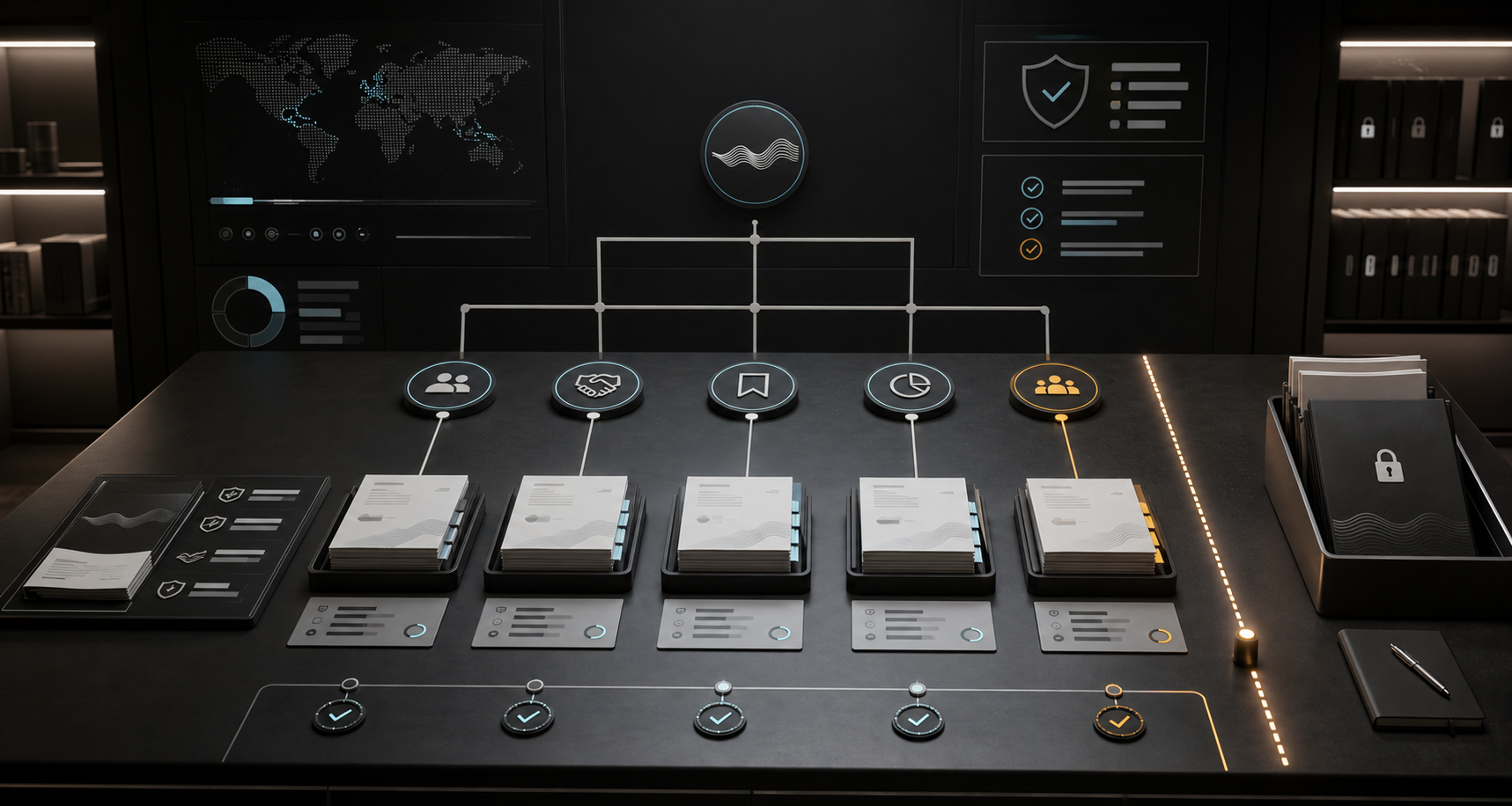 AI-generated White Noise enterprise starter route board with public artifact lanes, evidence receipts, review markers, and a separated private diligence file stack