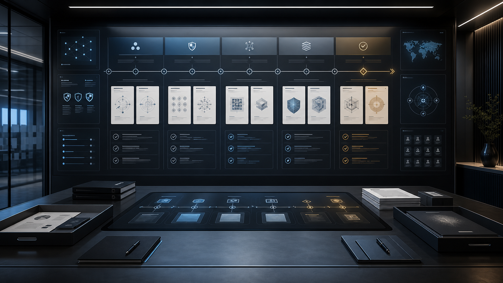 AI-generated White Noise enterprise trust roadmap review room with evidence gates, public materials, routing controls, and maturity checkpoints