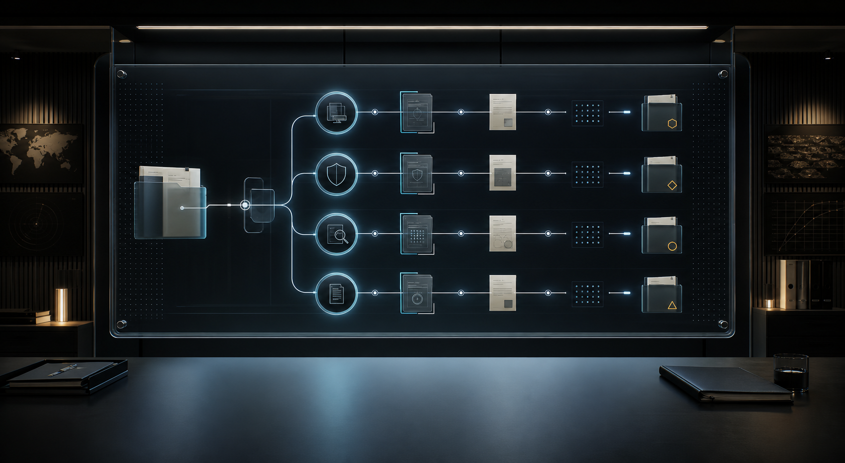 AI-generated White Noise first-return artifact routing board with four evidence lanes and bounded dossier handoffs