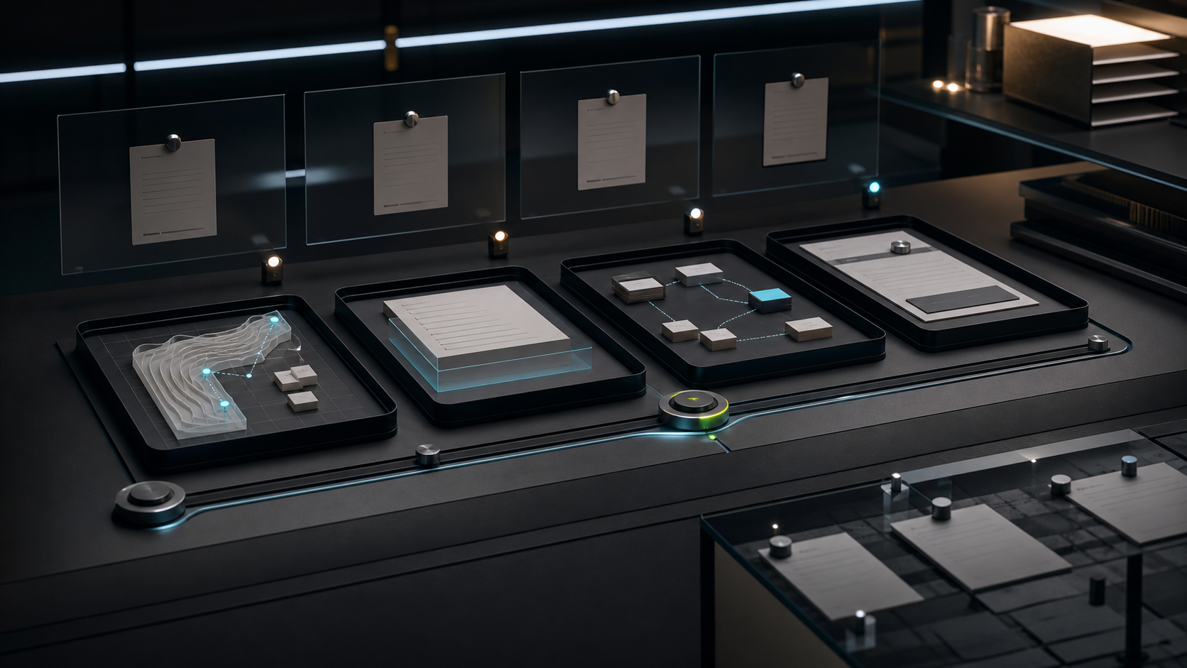 GPT-generated White Noise first-return artifact selection workbench with four abstract artifact trays, provenance cards, source-record markers, and one selected route rail