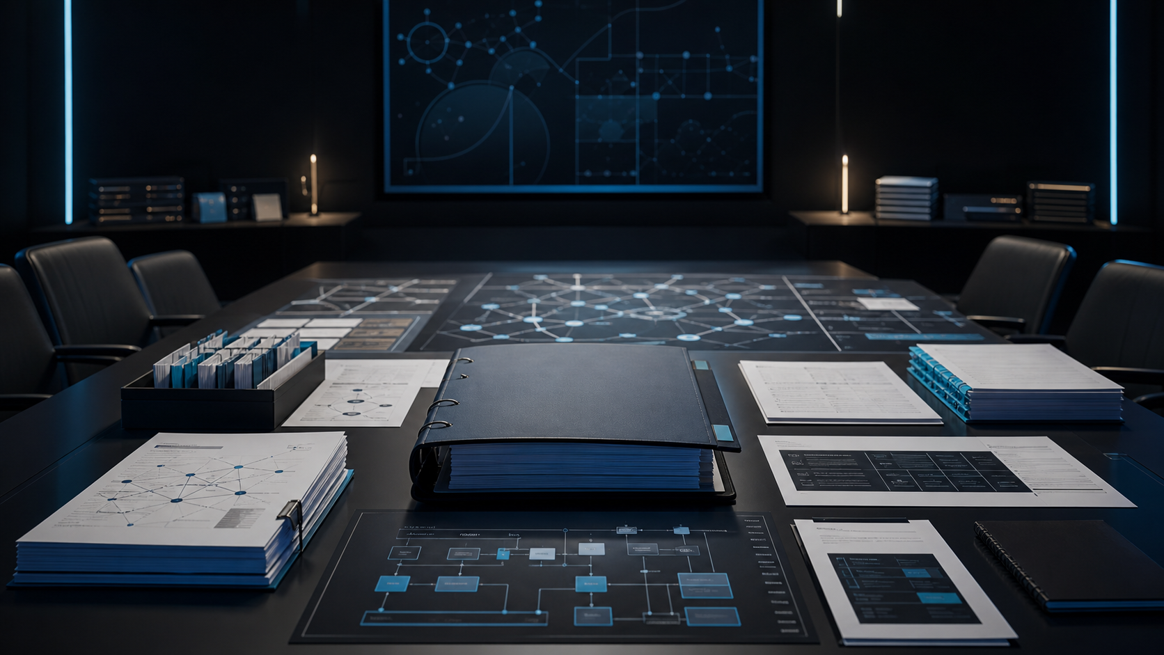 AI-generated White Noise founder-continuity review room with continuity binder, route maps, evidence packets, and governance handoff artifacts