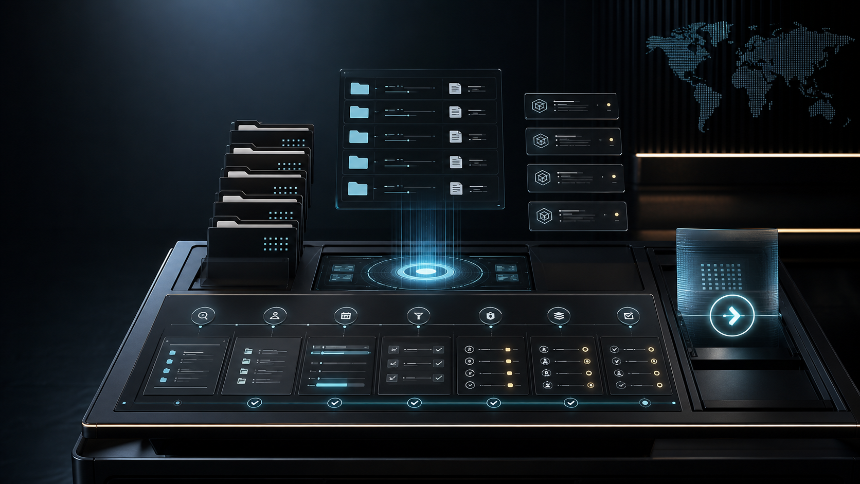 AI-generated White Noise KPI source-record review console with abstract evidence folders, metric definition cards, owner-review lanes, and a public-output gate
