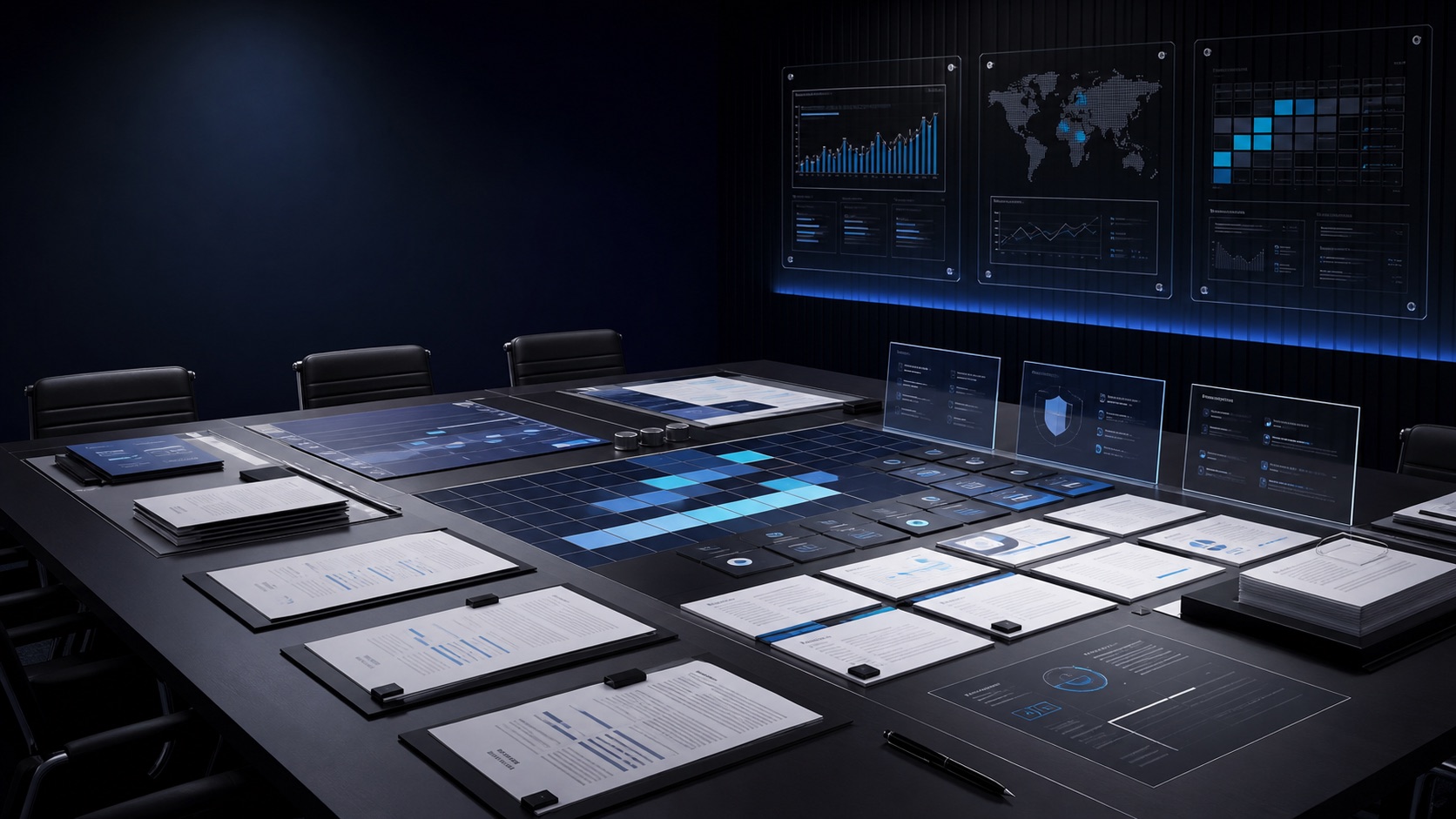 AI-generated White Noise public risk-register review room with board materials, risk heatmap panels, evidence receipts, and launch-gate cards
