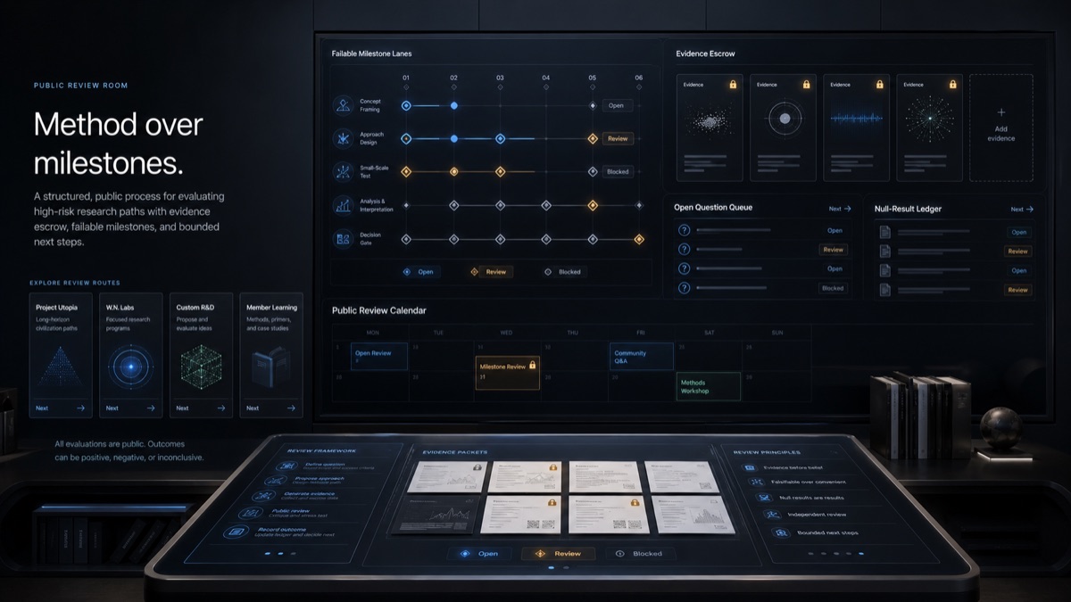 AI-generated White Noise Totality Grand Challenge review room with failable milestone lanes, evidence escrow, open question queue, null-result ledger, public review calendar, and route cards