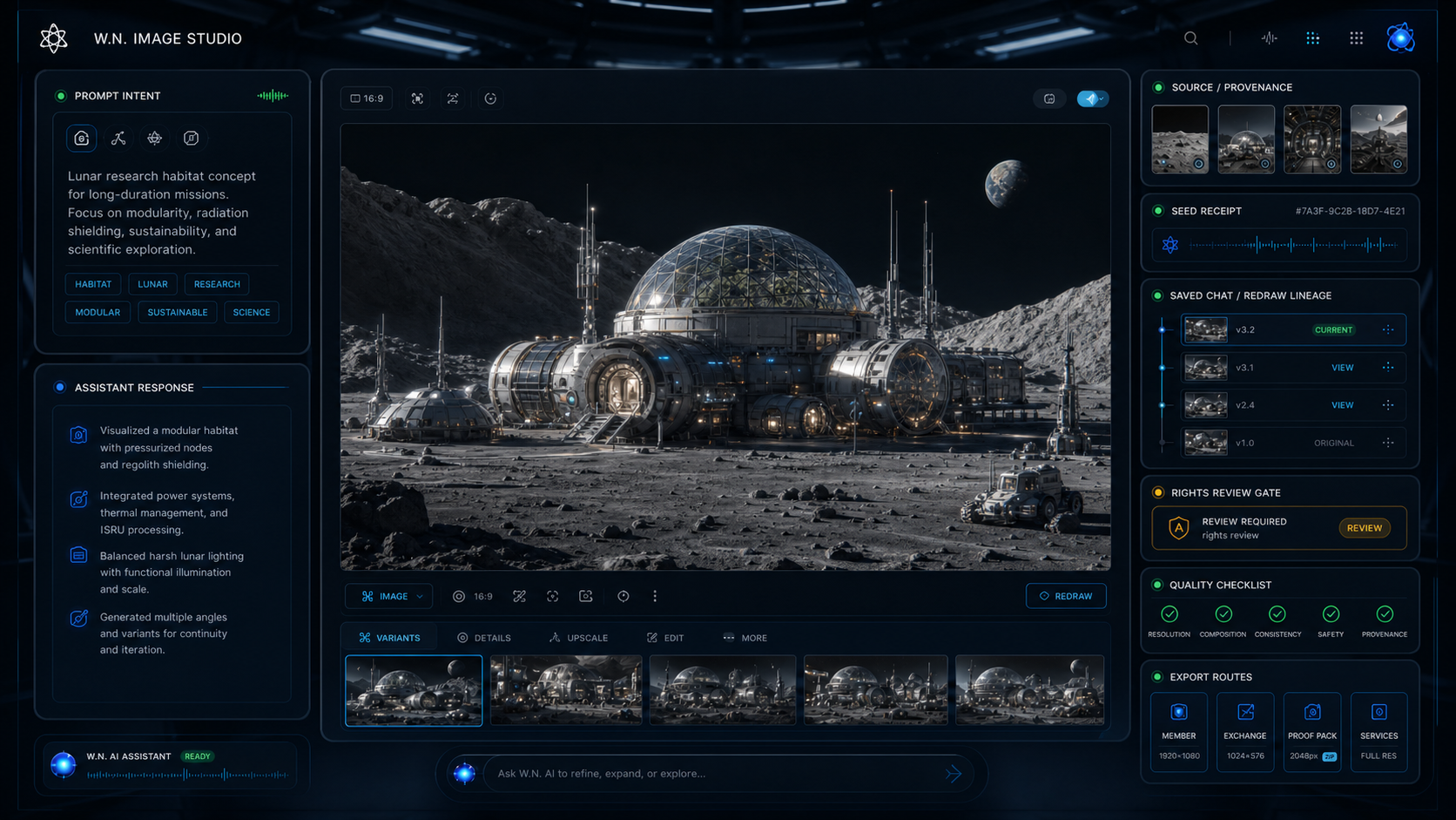 AI-generated W.N. Image Studio continuity console with central lunar research habitat canvas, prompt rail, assistant response, source and provenance cards, seed receipt, saved redraw lineage, rights review gate, quality checklist, and export route controls