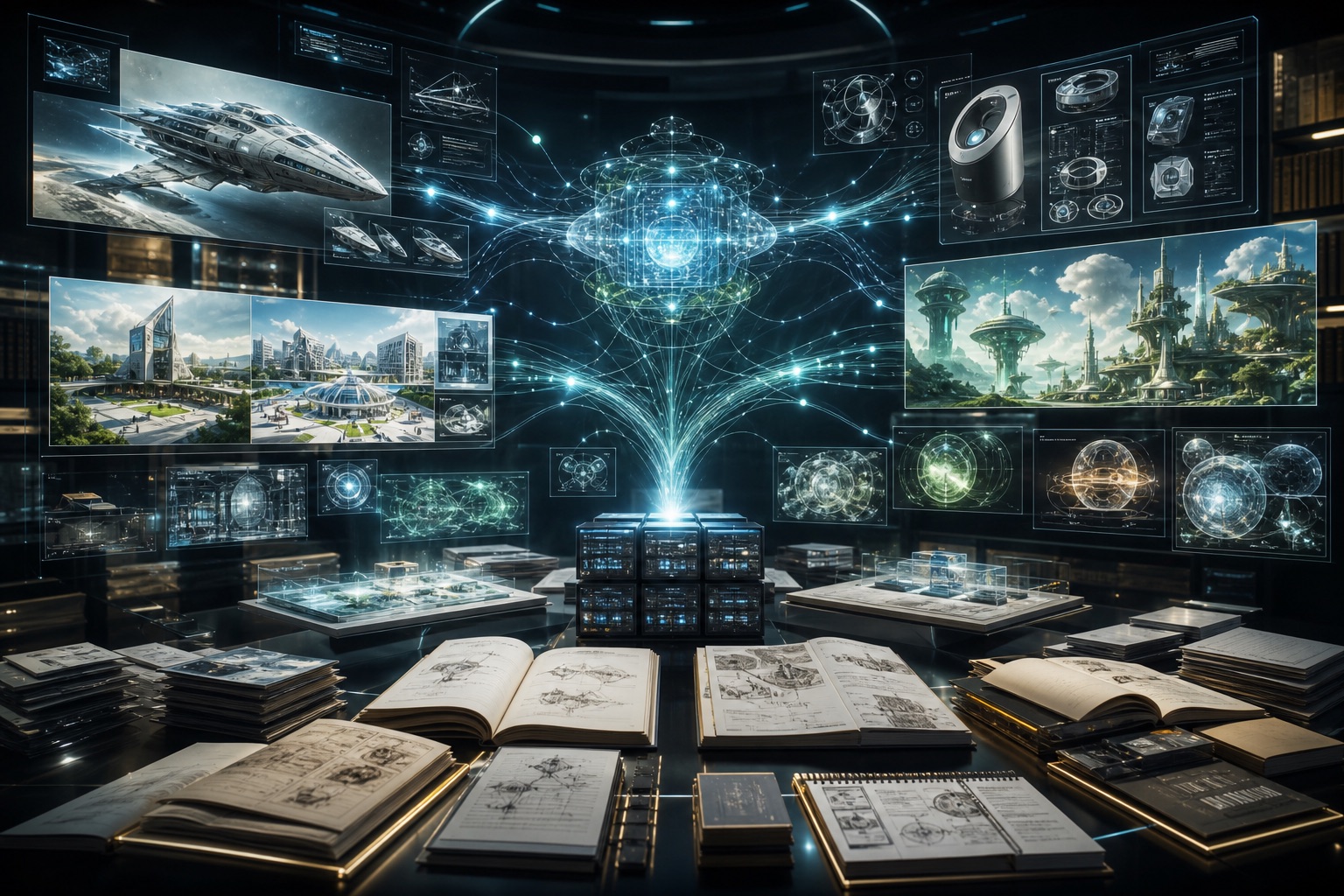 AI-generated image of W.N. AI turning the Totality corpus into generated worlds and product concepts